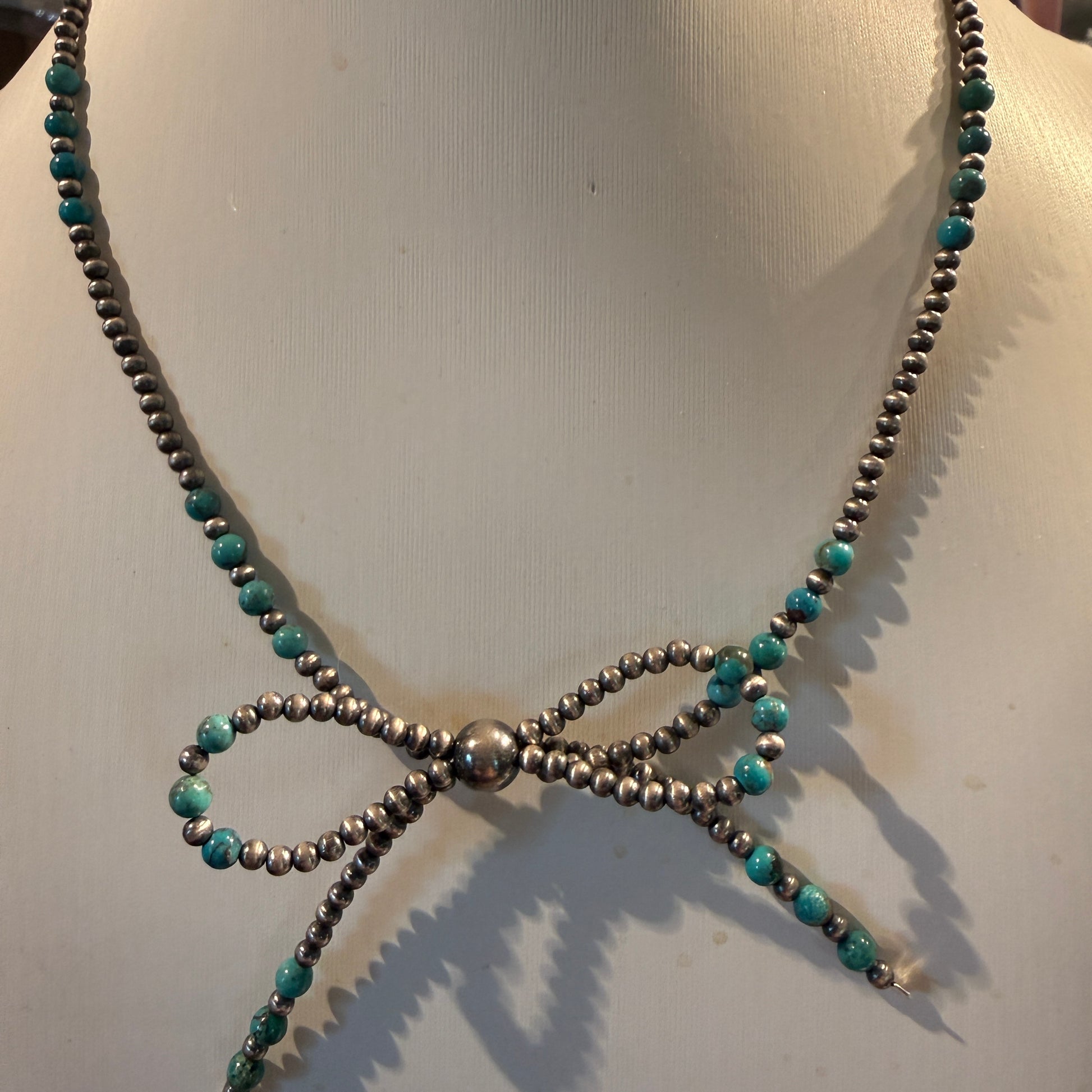 Kingman Turquoise and Sterling Silver 2mm Desert Pearls Bow Necklace, 18 Inch Wild West Boho