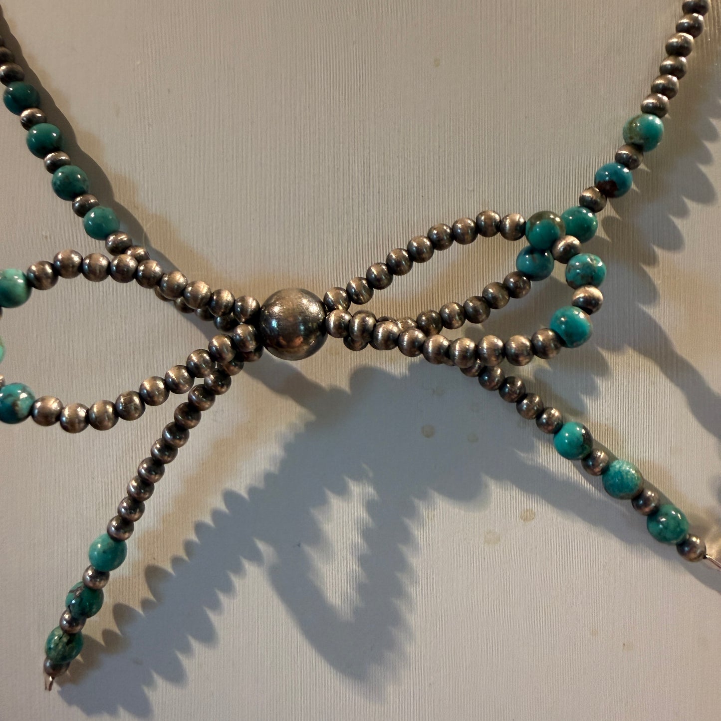 Kingman Turquoise and Sterling Silver 2mm Desert Pearls Bow Necklace, 18 Inch Wild West Boho