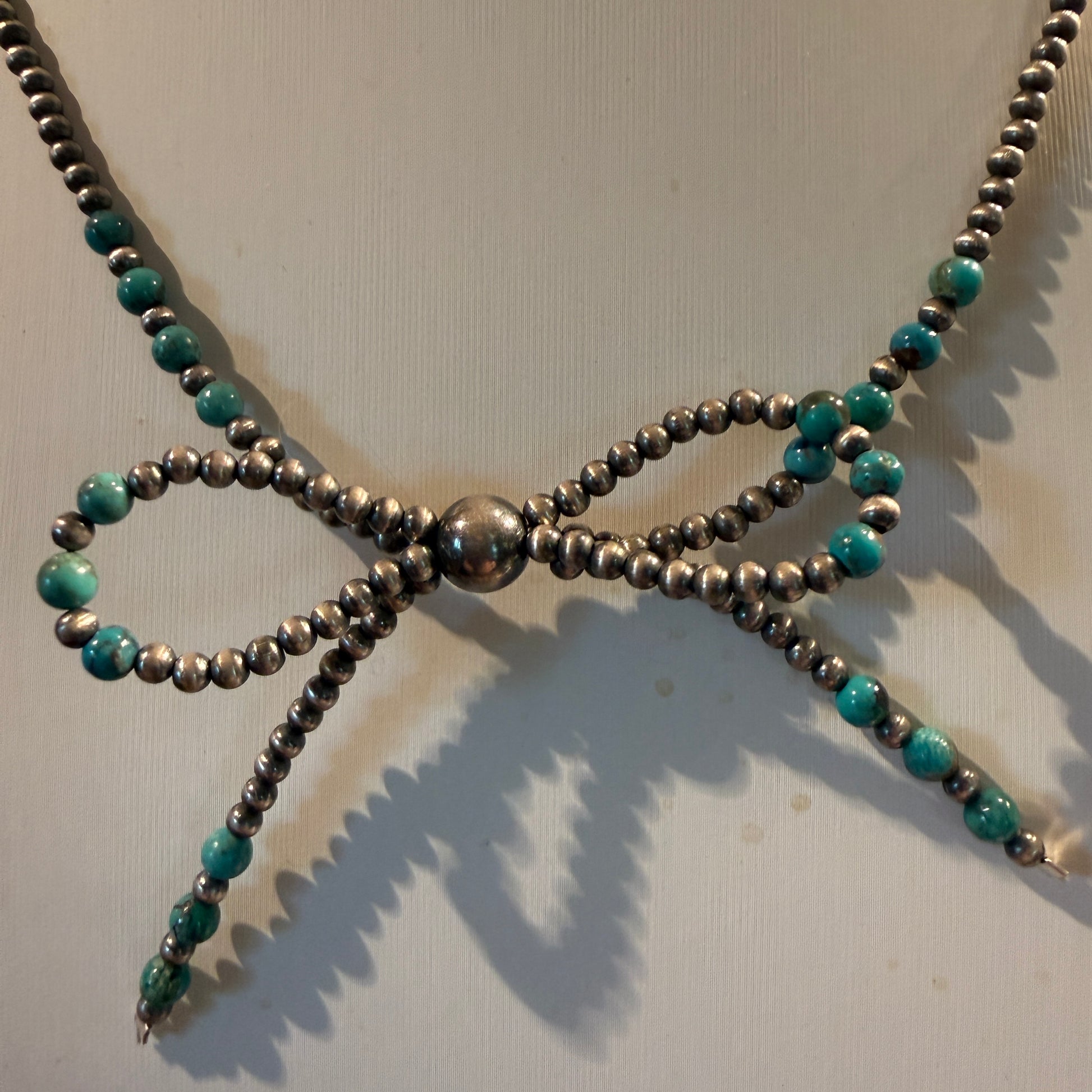 Kingman Turquoise and Sterling Silver 2mm Desert Pearls Bow Necklace, 18 Inch Wild West Boho