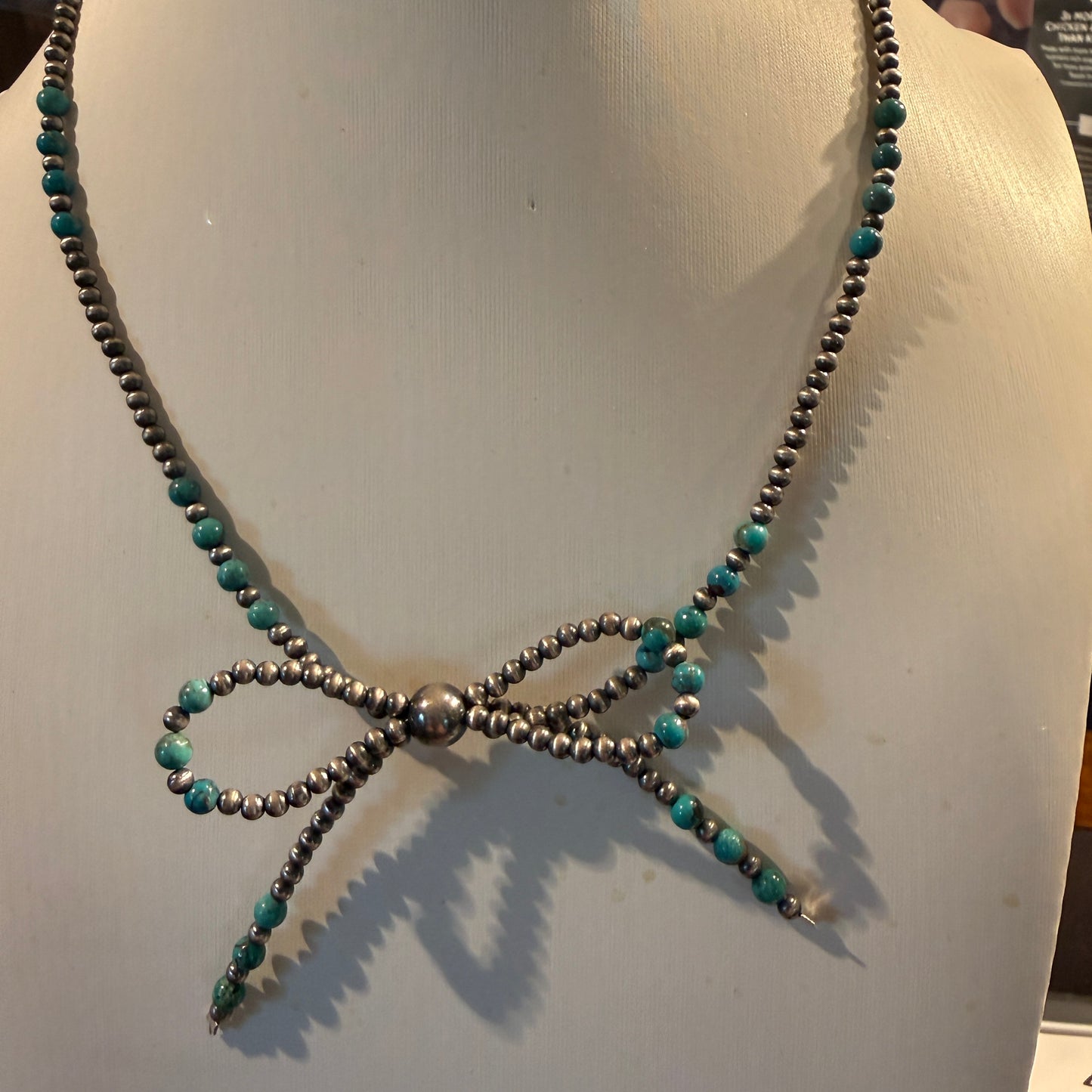 Kingman Turquoise and Sterling Silver 2mm Desert Pearls Bow Necklace, 18 Inch Wild West Boho