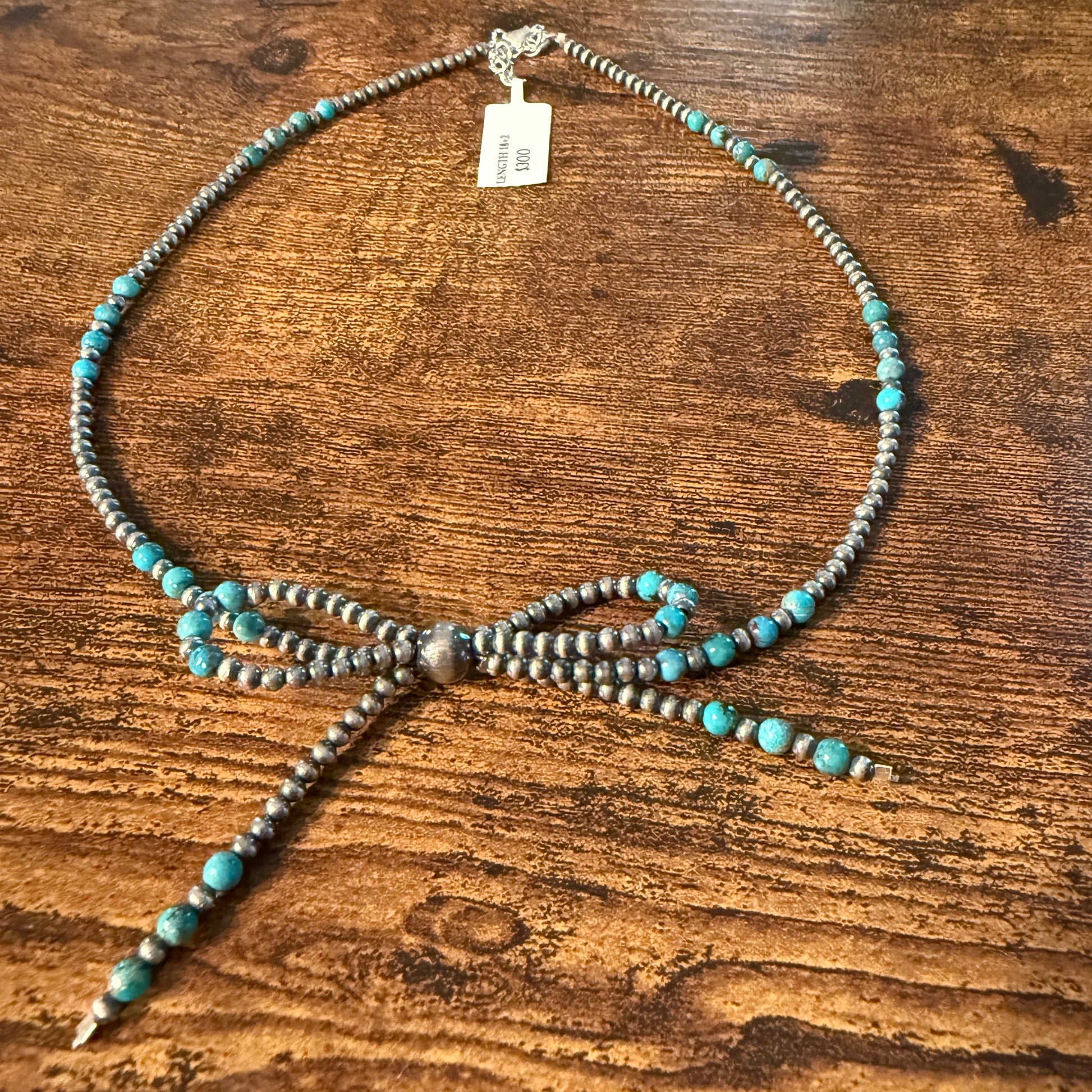 Kingman Turquoise and Sterling Silver 2mm Desert Pearls Bow Necklace, 18 Inch Wild West Boho
