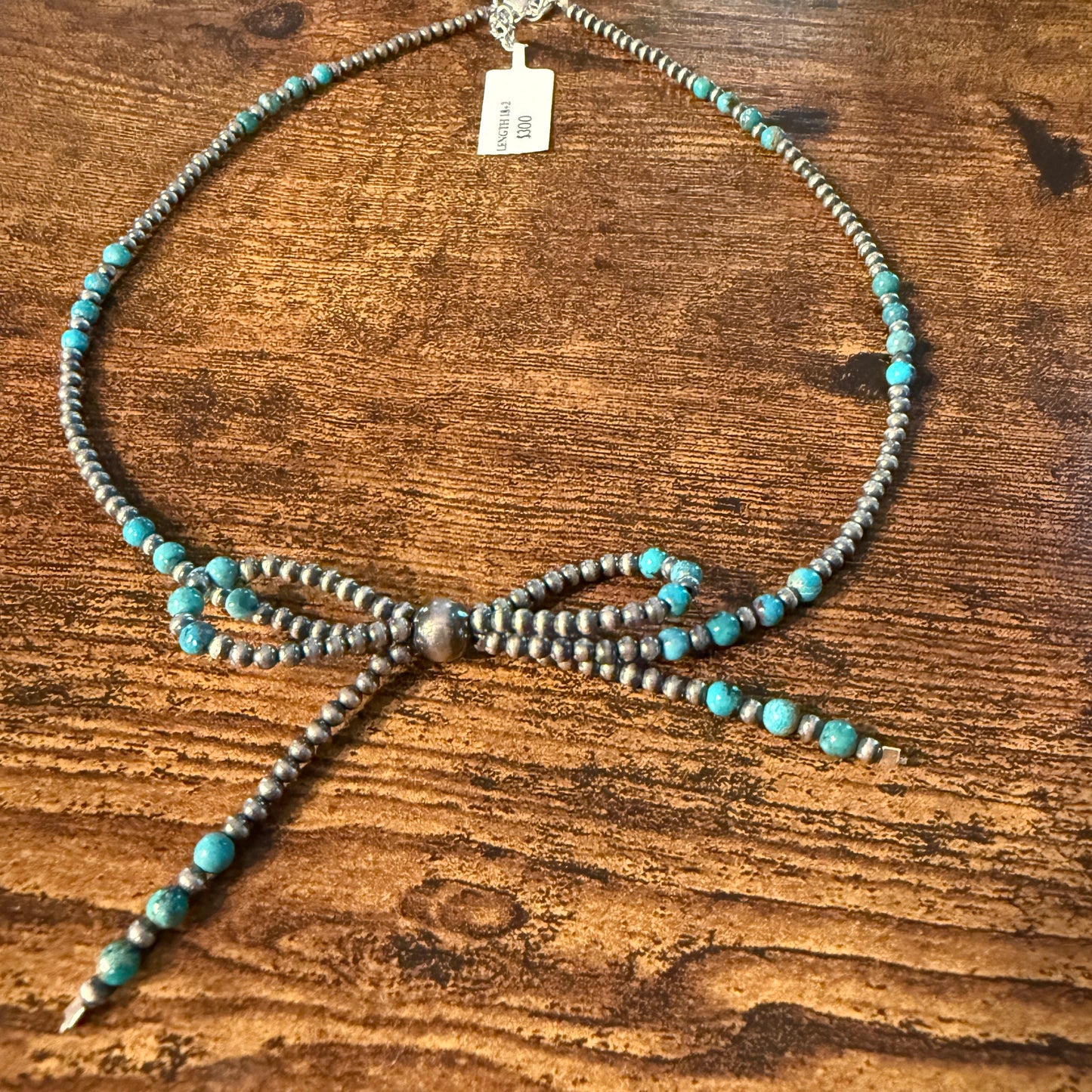 Kingman Turquoise and Sterling Silver 2mm Desert Pearls Bow Necklace, 18 Inch Wild West Boho