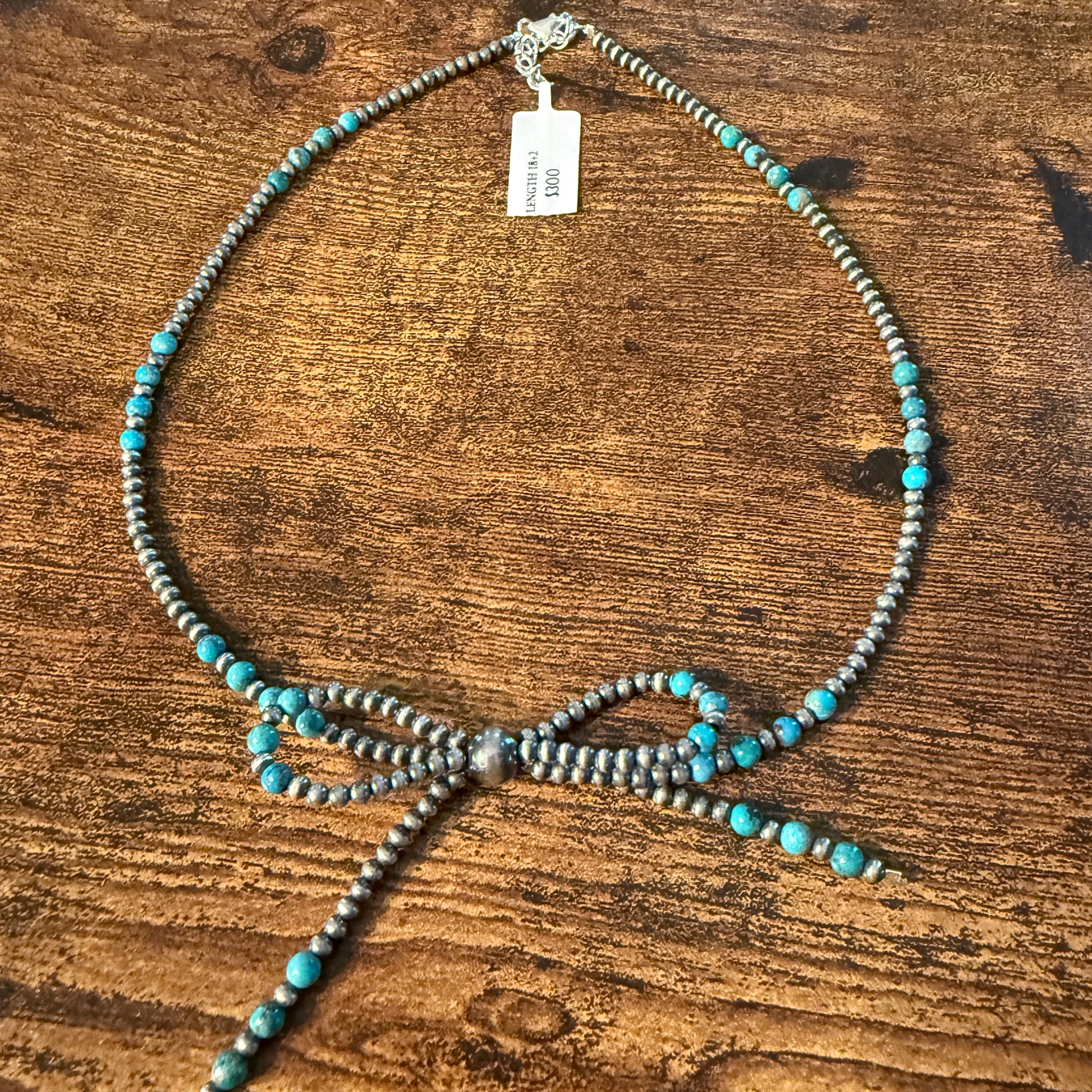 Kingman Turquoise and Sterling Silver 2mm Desert Pearls Bow Necklace, 18 Inch Wild West Boho