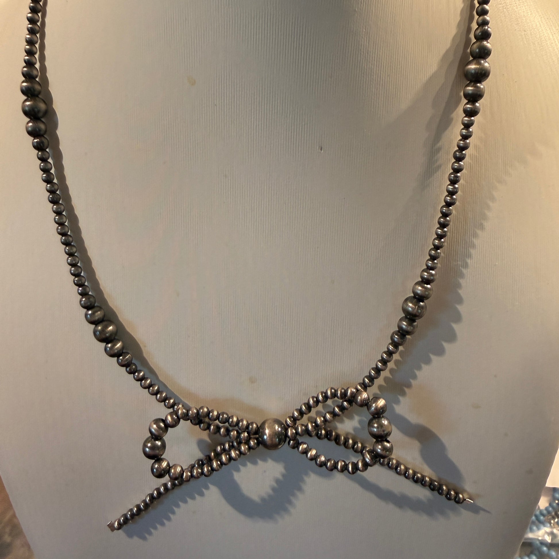 Sterling Silver Bow Necklace 2-6mm Graduated Desert Pearl Beads 18 Inch Wild West Boho