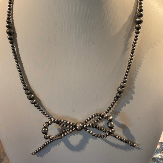 Sterling Silver Bow Necklace 2-6mm Graduated Desert Pearl Beads 18 Inch Wild West Boho