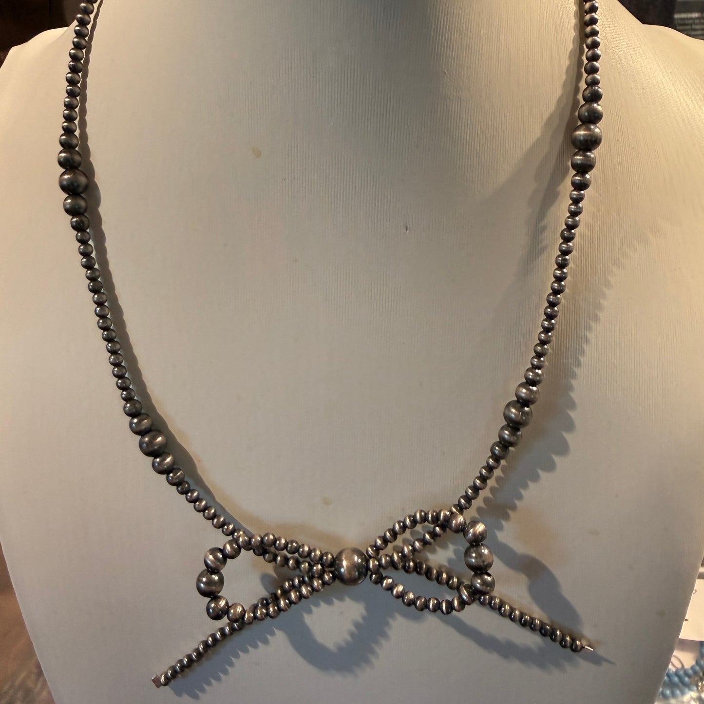 Sterling Silver Bow Necklace 2-6mm Graduated Desert Pearl Beads 18 Inch Wild West Boho