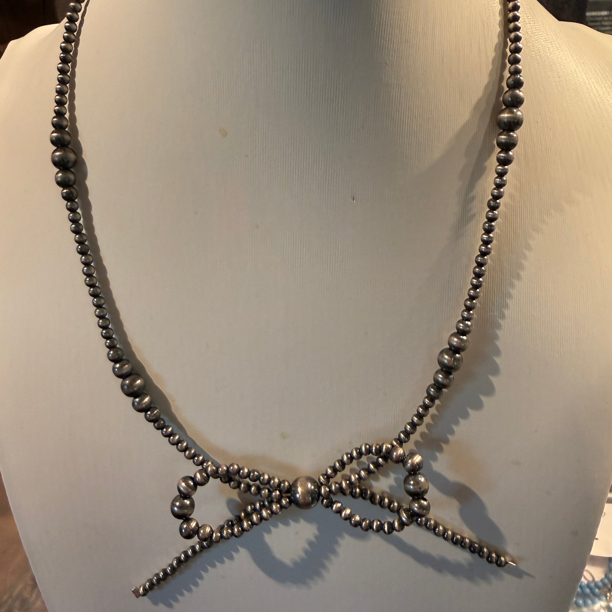 Sterling Silver Bow Necklace 2-6mm Graduated Desert Pearl Beads 18 Inch Wild West Boho