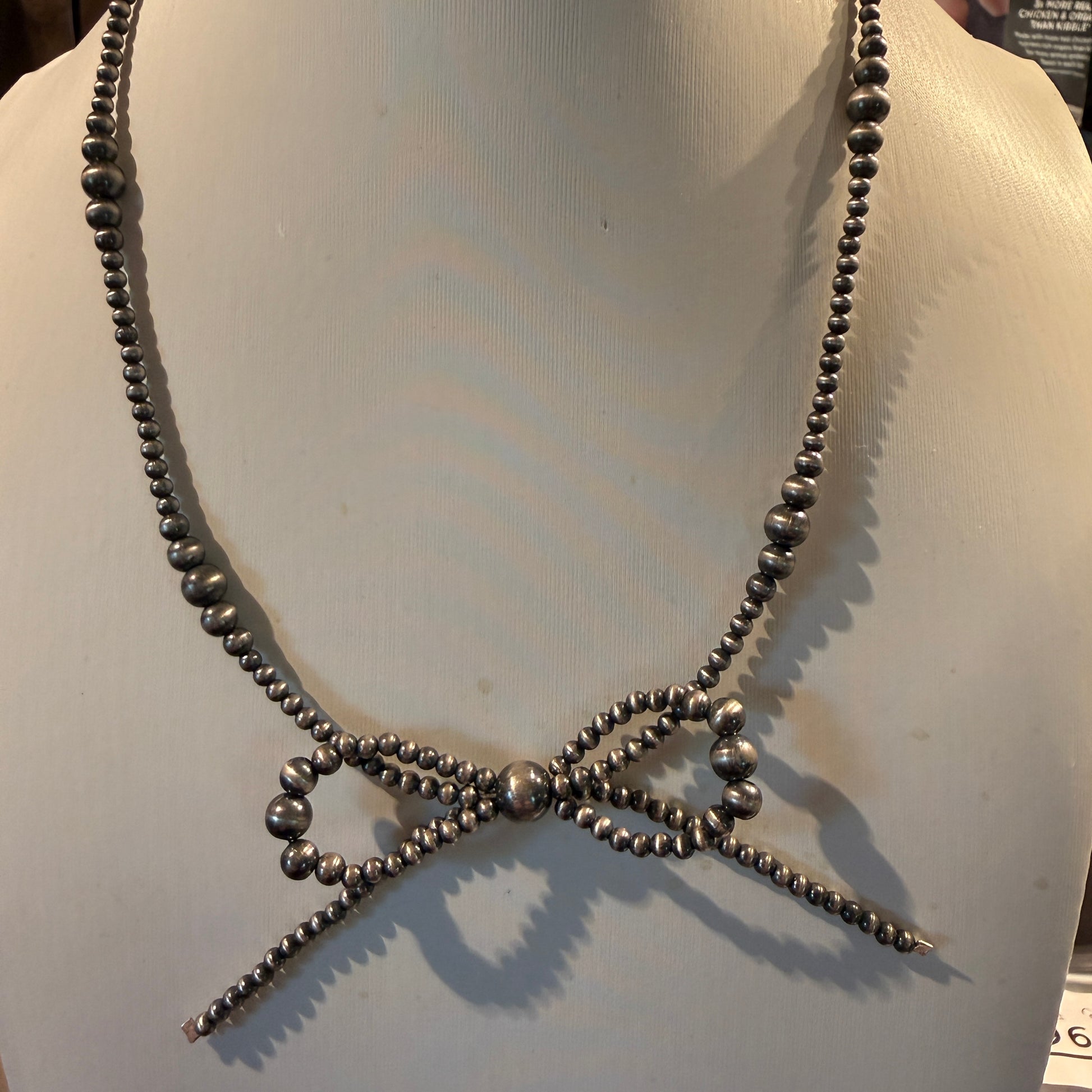 Sterling Silver Bow Necklace 2-6mm Graduated Desert Pearl Beads 18 Inch Wild West Boho