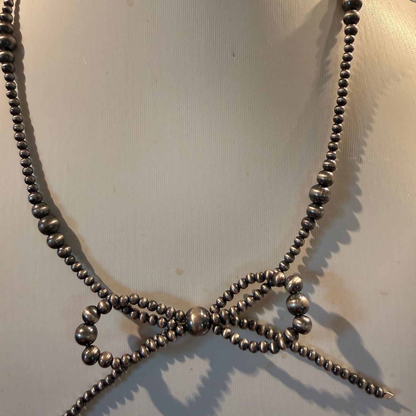 Sterling Silver Bow Necklace 2-6mm Graduated Desert Pearl Beads 18 Inch Wild West Boho
