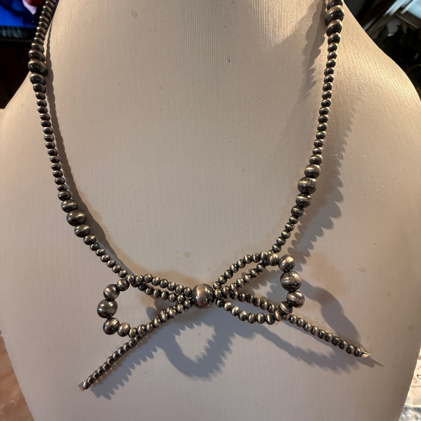 Sterling Silver Bow Necklace 2-6mm Graduated Desert Pearl Beads 18 Inch Wild West Boho