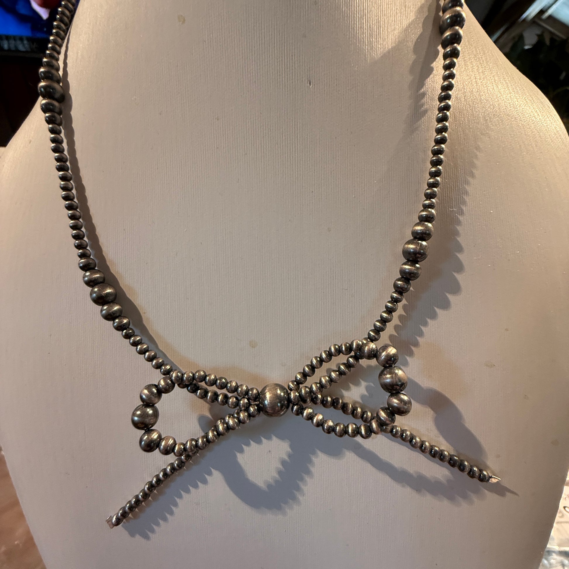 Sterling Silver Bow Necklace 2-6mm Graduated Desert Pearl Beads 18 Inch Wild West Boho