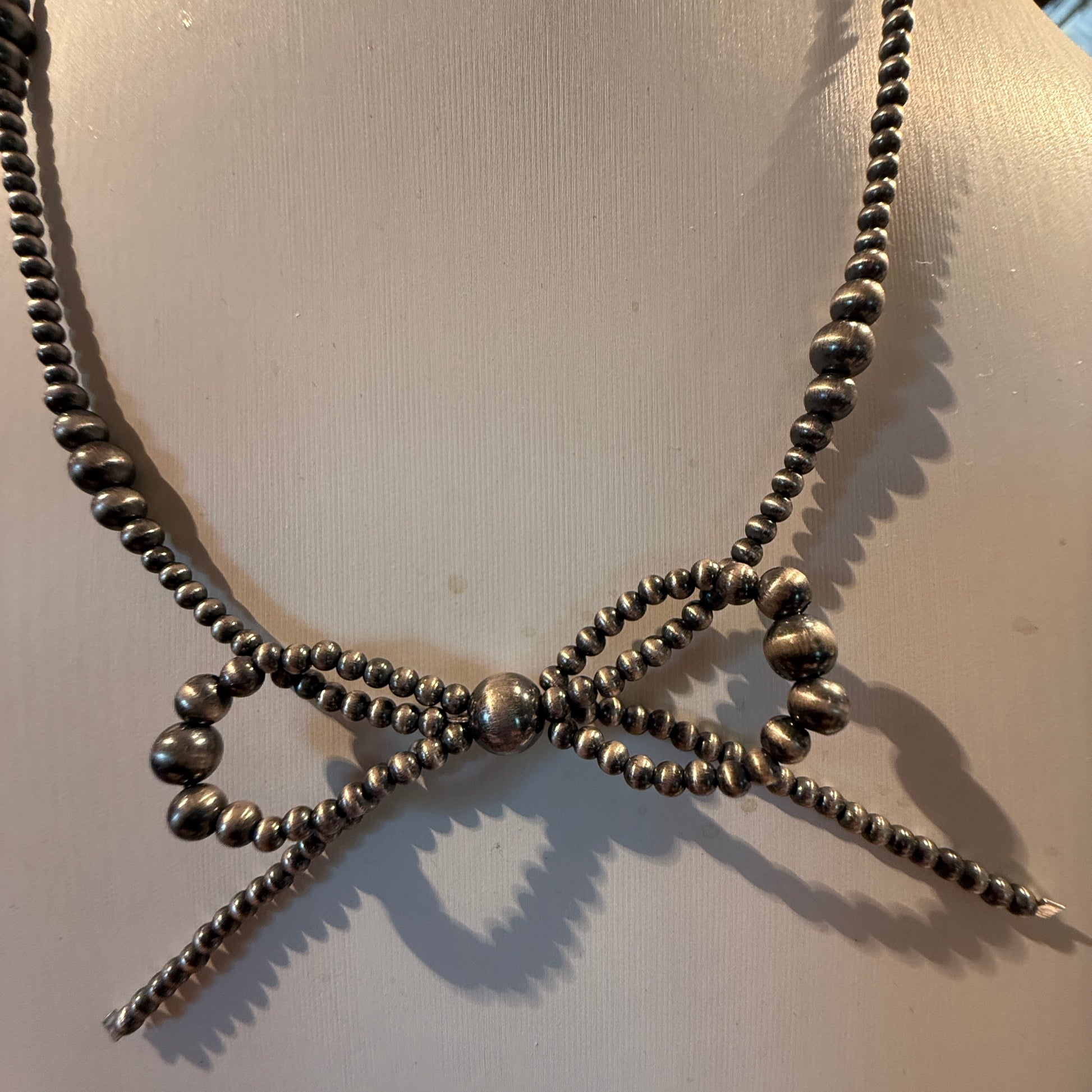 Sterling Silver Bow Necklace 2-6mm Graduated Desert Pearl Beads 18 Inch Wild West Boho