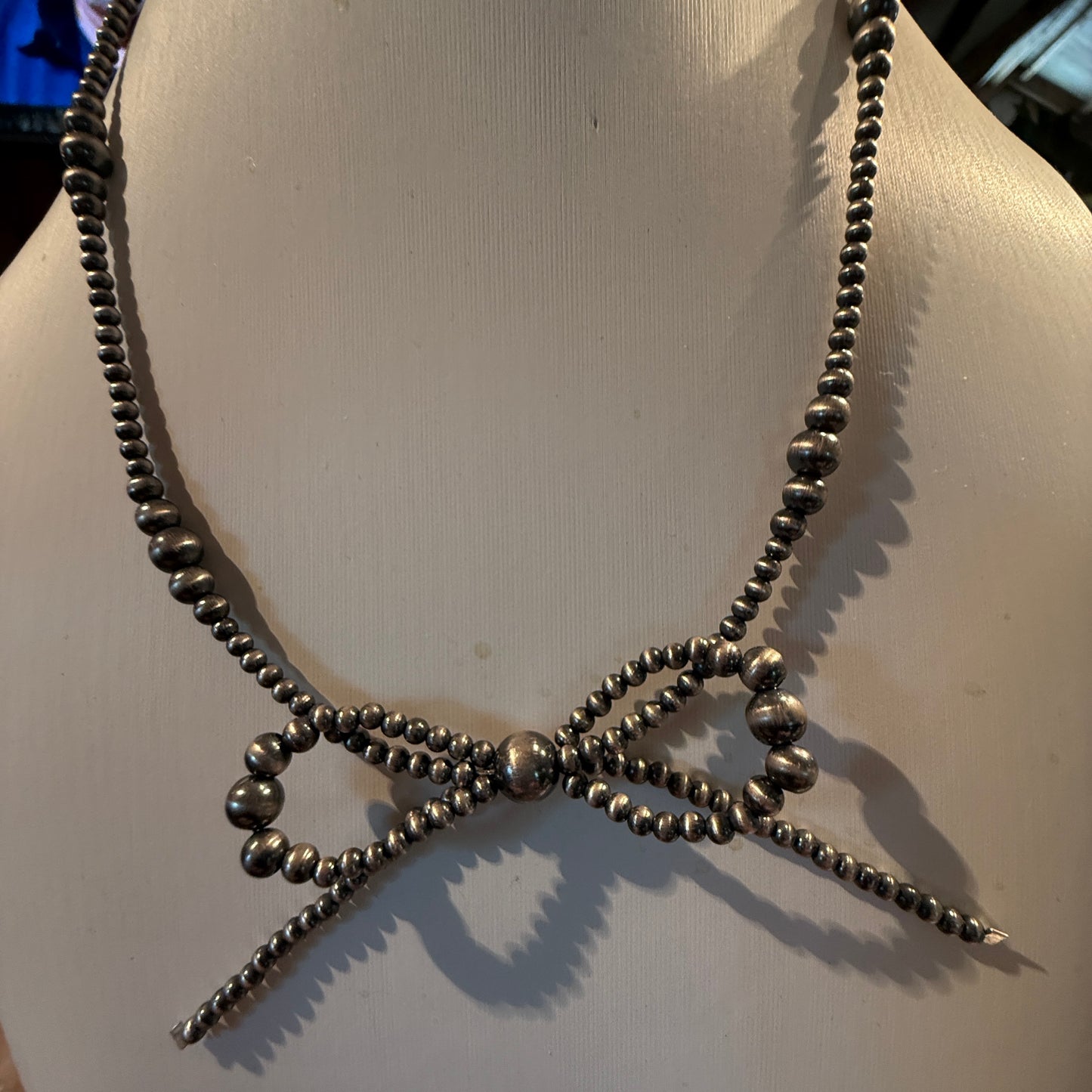 Sterling Silver Bow Necklace 2-6mm Graduated Desert Pearl Beads 18 Inch Wild West Boho