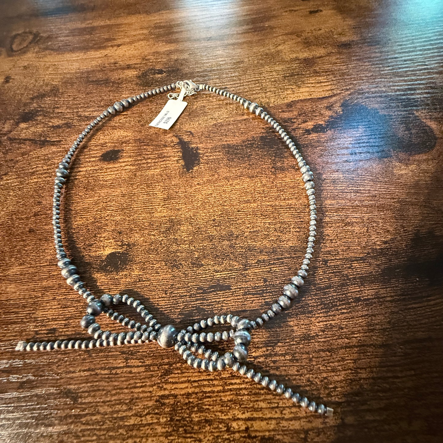 Sterling Silver Bow Necklace 2-6mm Graduated Desert Pearl Beads 18 Inch Wild West Boho