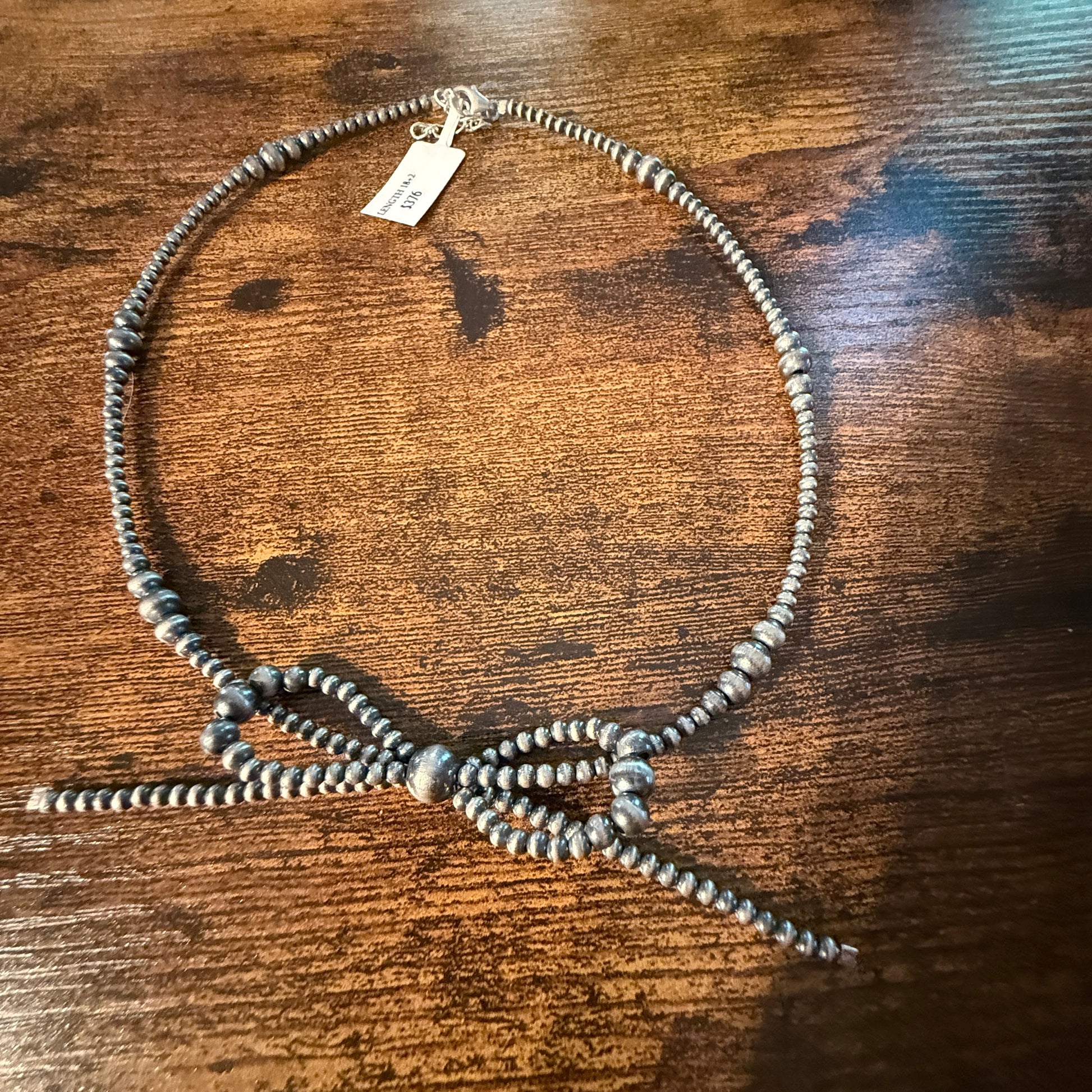 Sterling Silver Bow Necklace 2-6mm Graduated Desert Pearl Beads 18 Inch Wild West Boho