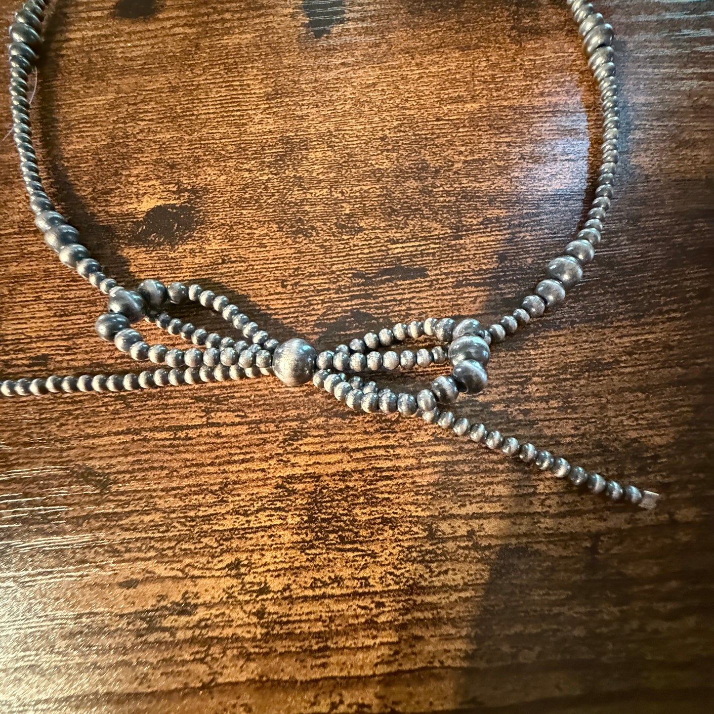 Sterling Silver Bow Necklace 2-6mm Graduated Desert Pearl Beads 18 Inch Wild West Boho