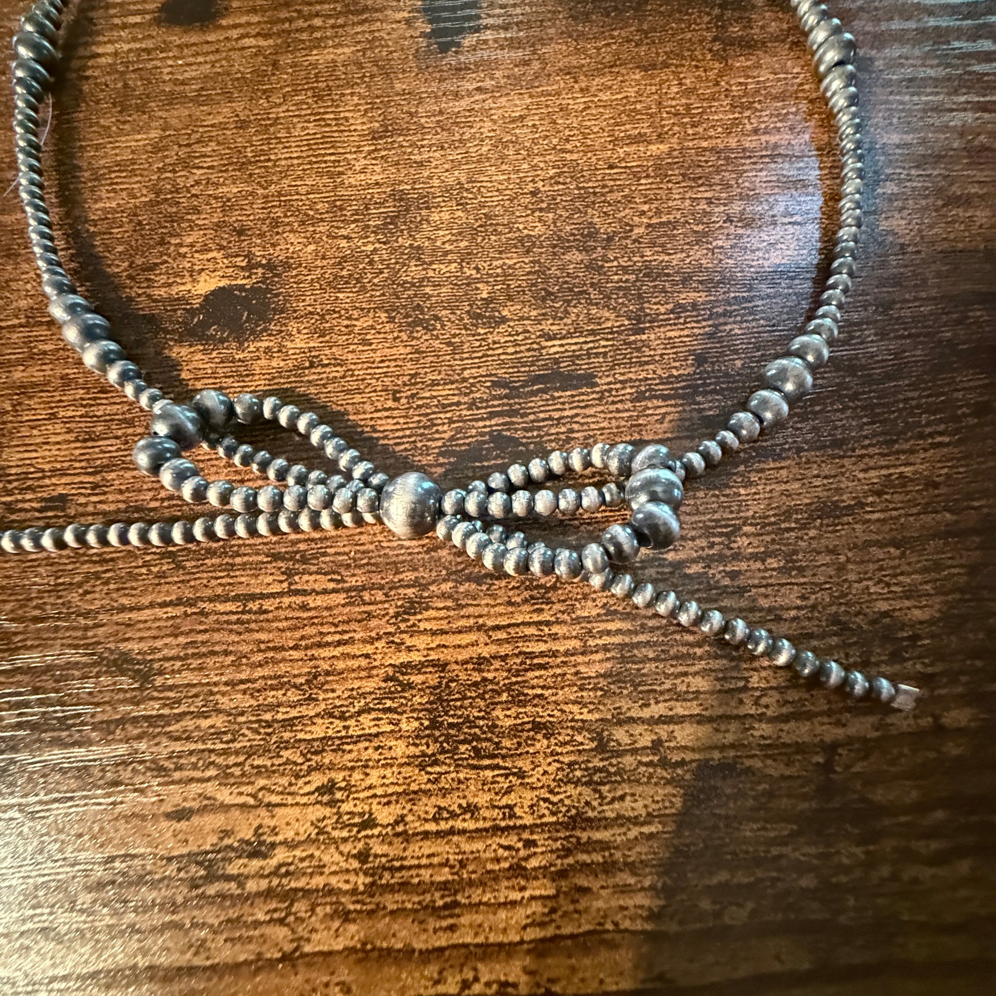 Sterling Silver Bow Necklace 2-6mm Graduated Desert Pearl Beads 18 Inch Wild West Boho