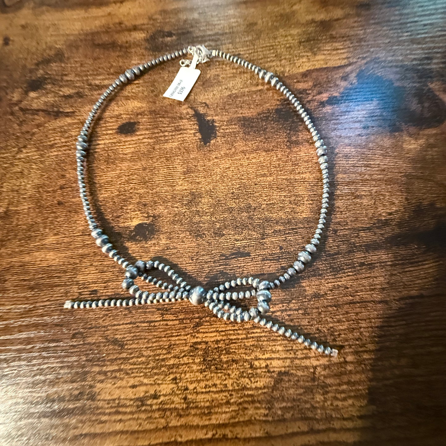 Sterling Silver Bow Necklace 2-6mm Graduated Desert Pearl Beads 18 Inch Wild West Boho