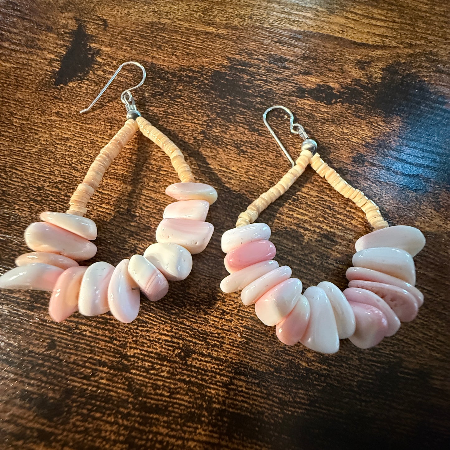 Pink Queen Conch Chunky Wire Drop Earrings, Sterling Silver Wild West Boho