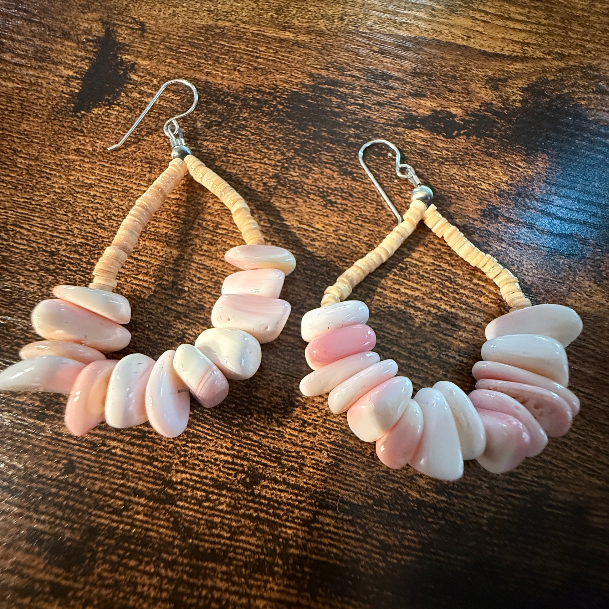Pink Queen Conch Chunky Wire Drop Earrings, Sterling Silver Wild West Boho