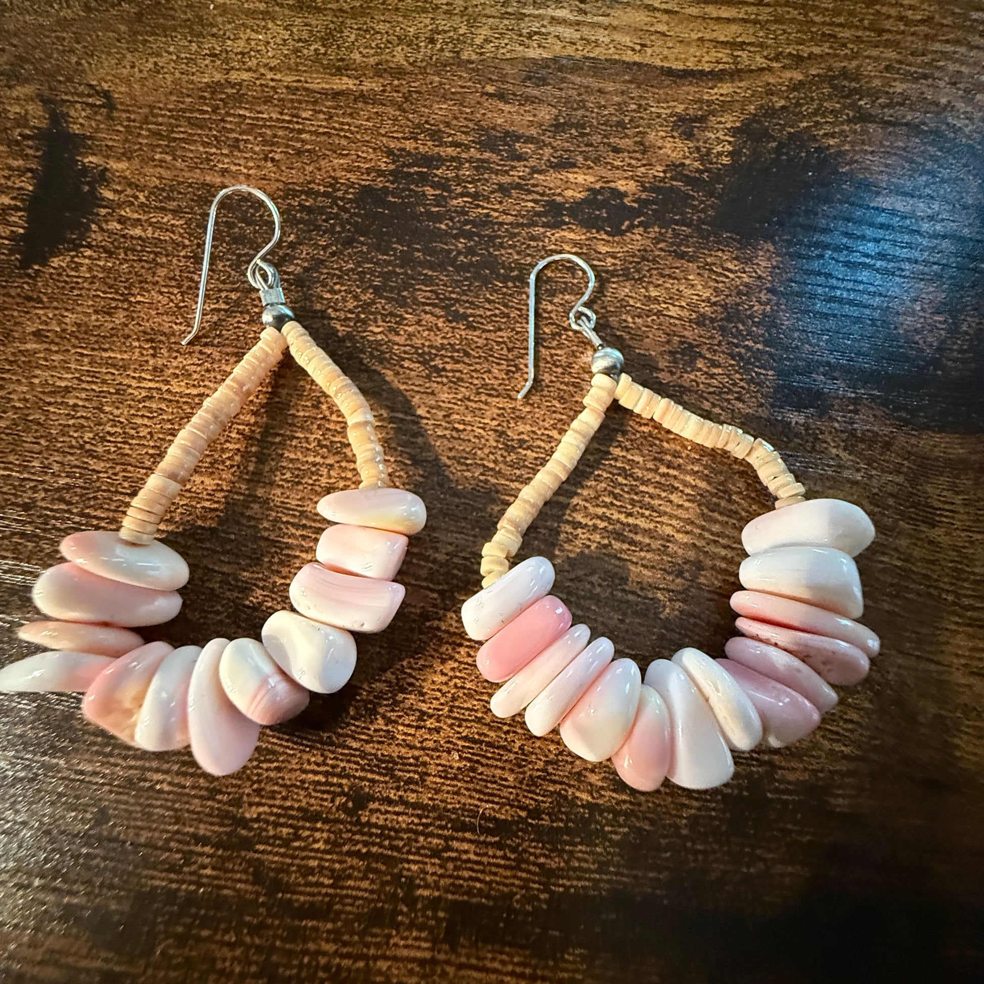 Pink Queen Conch Chunky Wire Drop Earrings, Sterling Silver Wild West Boho