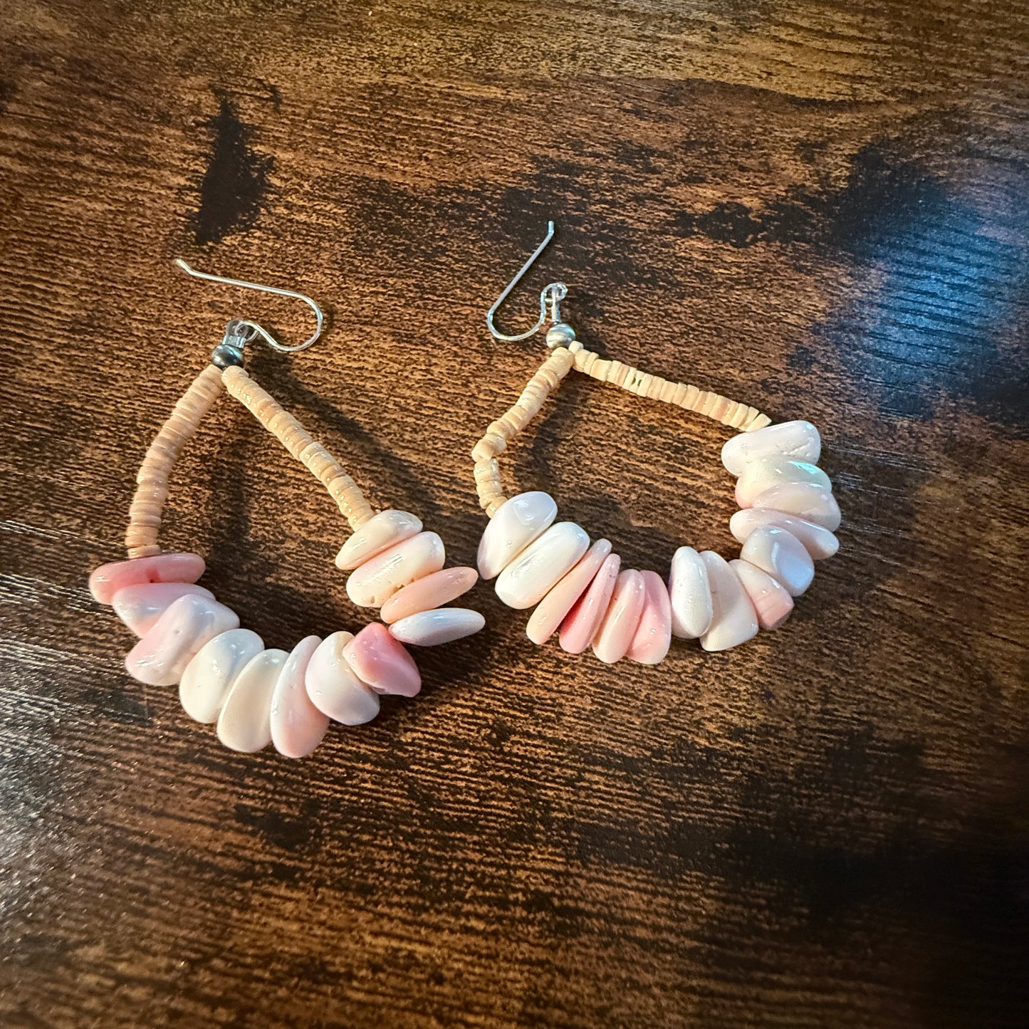 Pink Queen Conch Chunky Wire Drop Earrings, Sterling Silver Wild West Boho