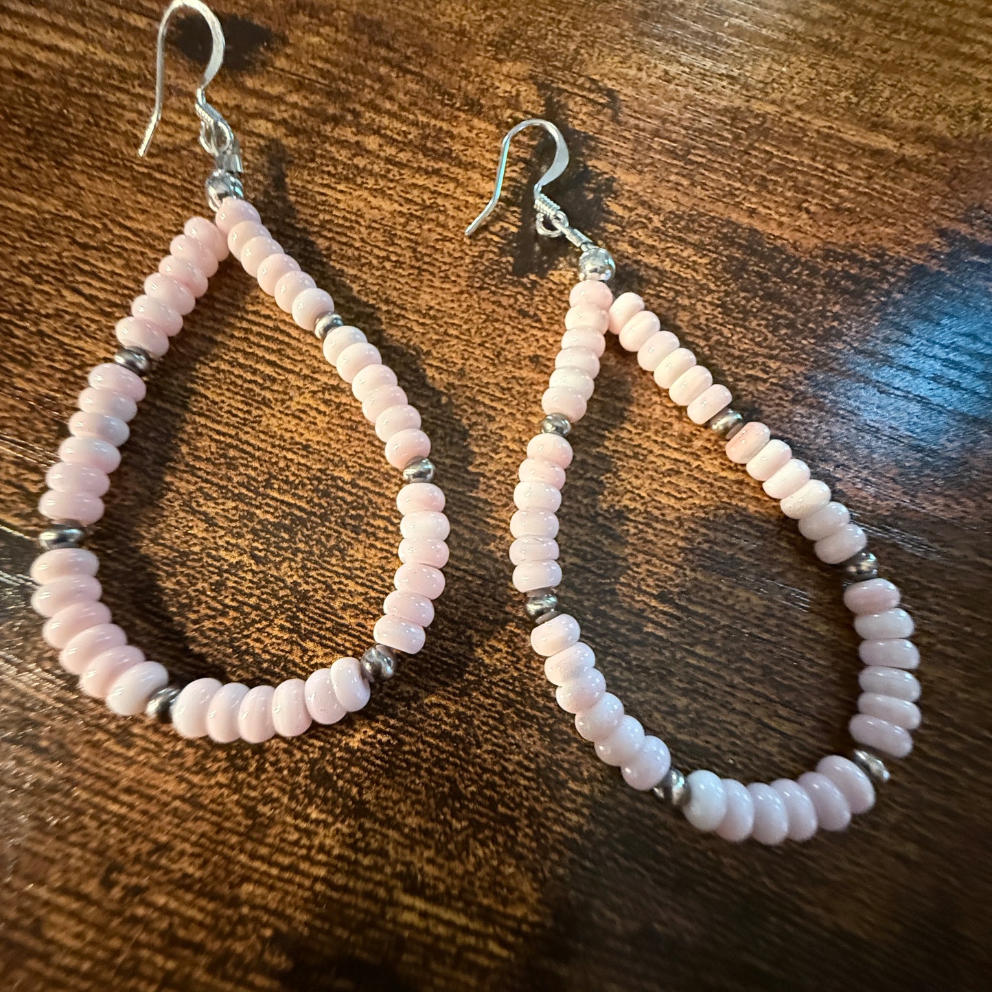Pink Queen Conch Rondell Beads and Sterling Silver Beads Hoop Drop Earrings Wild West Boho