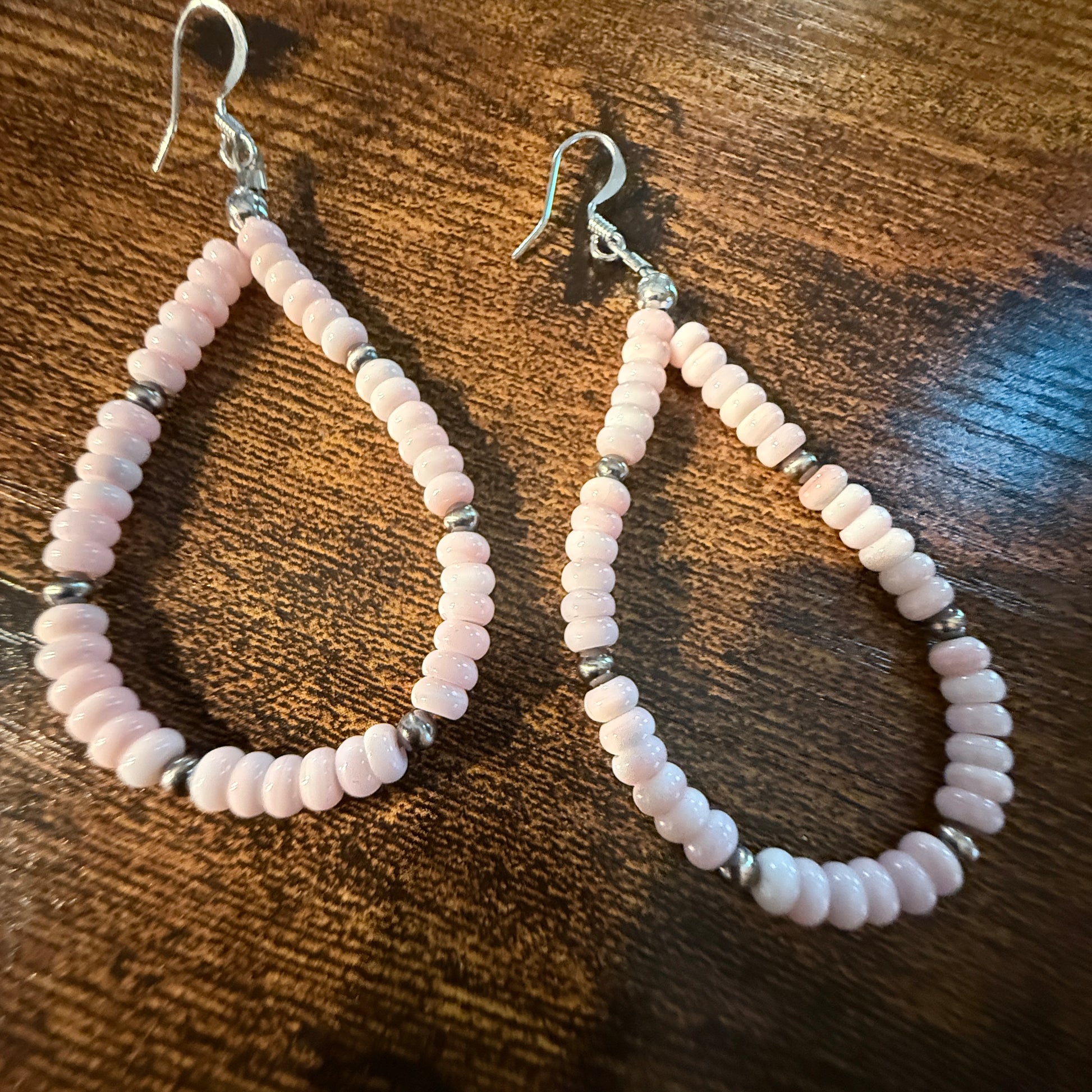 Pink Queen Conch Rondell Beads and Sterling Silver Beads Hoop Drop Earrings Wild West Boho