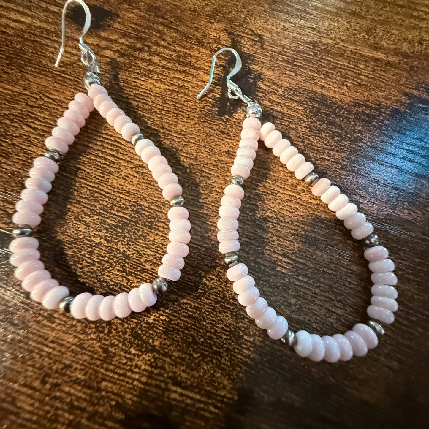 Pink Queen Conch Rondell Beads and Sterling Silver Beads Hoop Drop Earrings Wild West Boho
