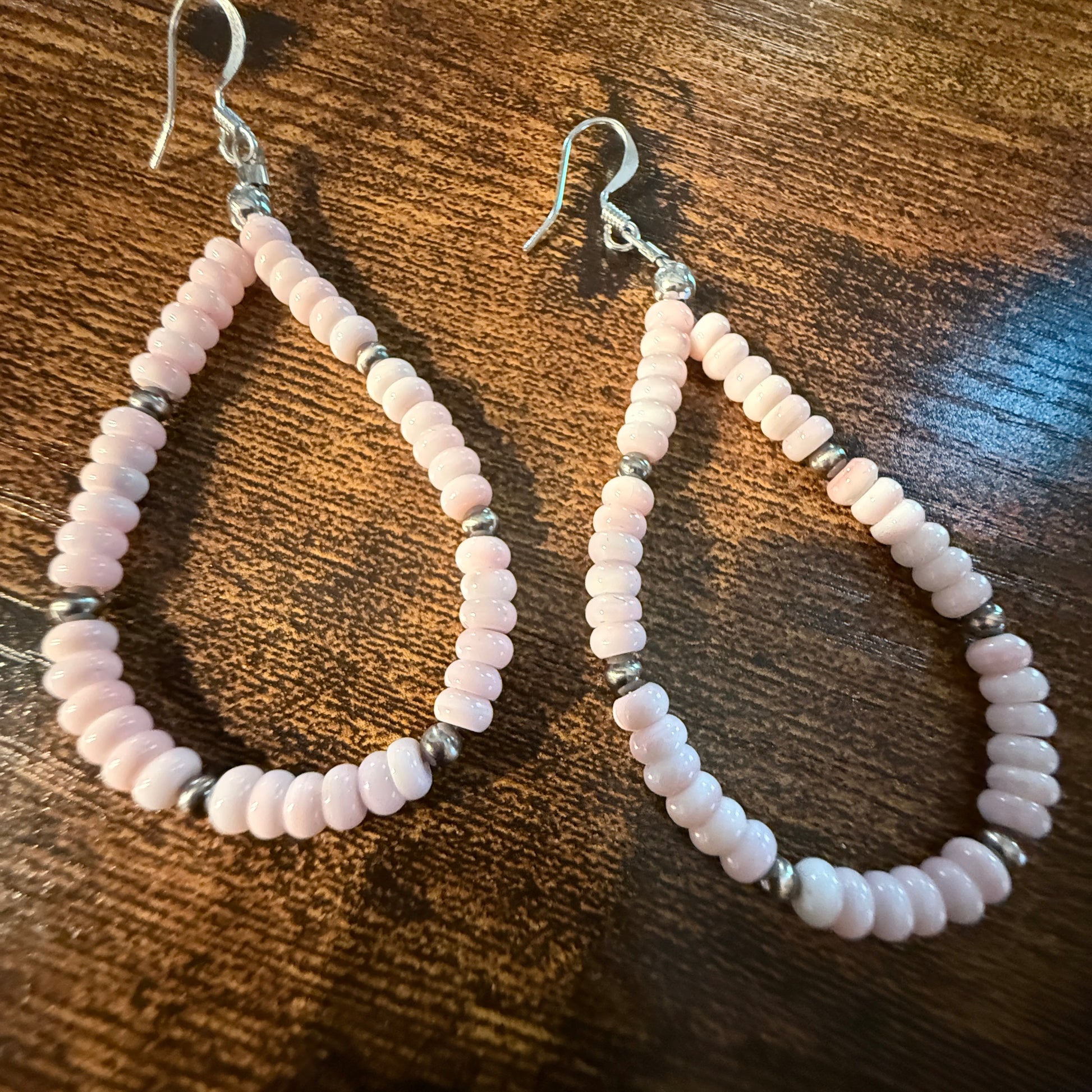 Pink Queen Conch Rondell Beads and Sterling Silver Beads Hoop Drop Earrings Wild West Boho