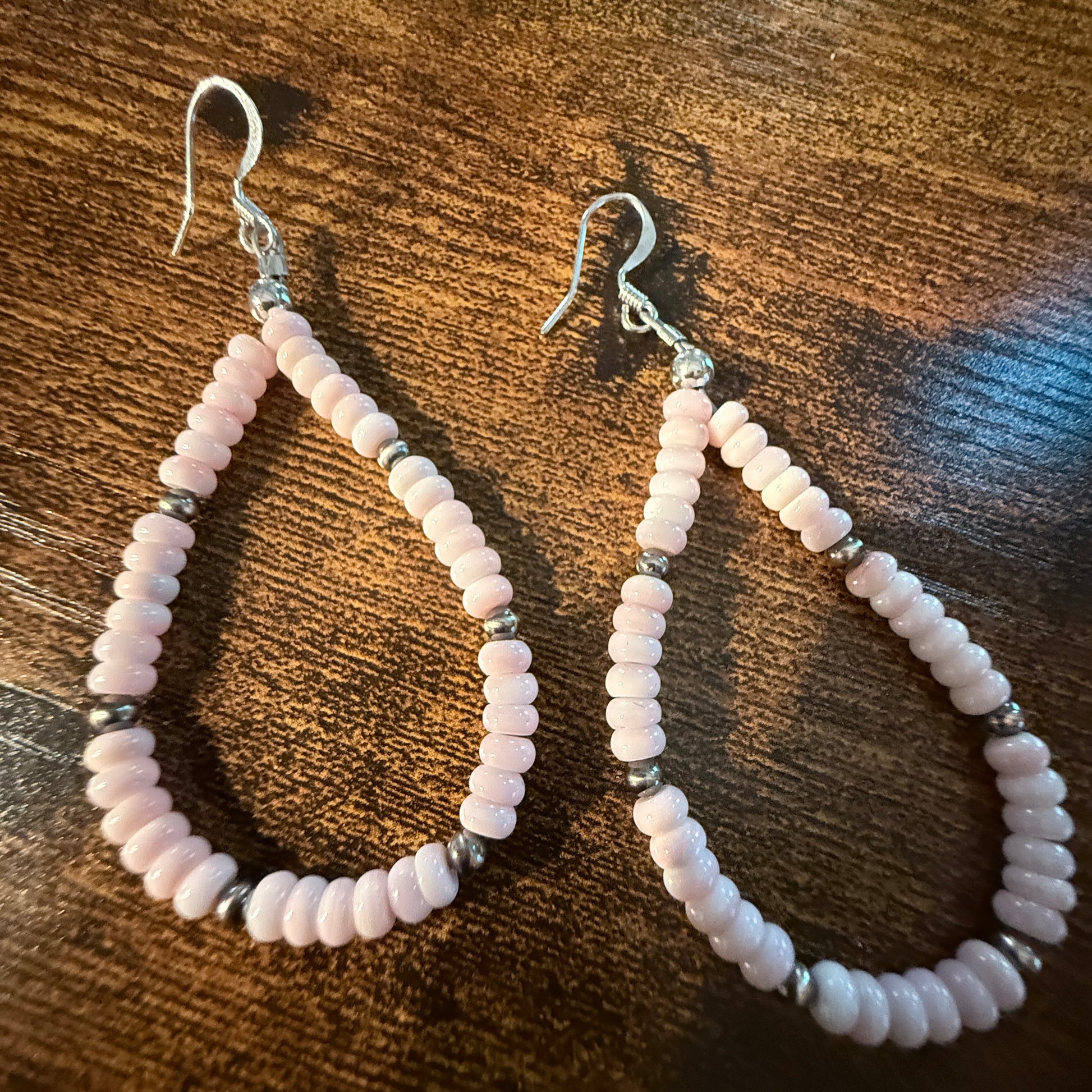 Pink Queen Conch Rondell Beads and Sterling Silver Beads Hoop Drop Earrings Wild West Boho