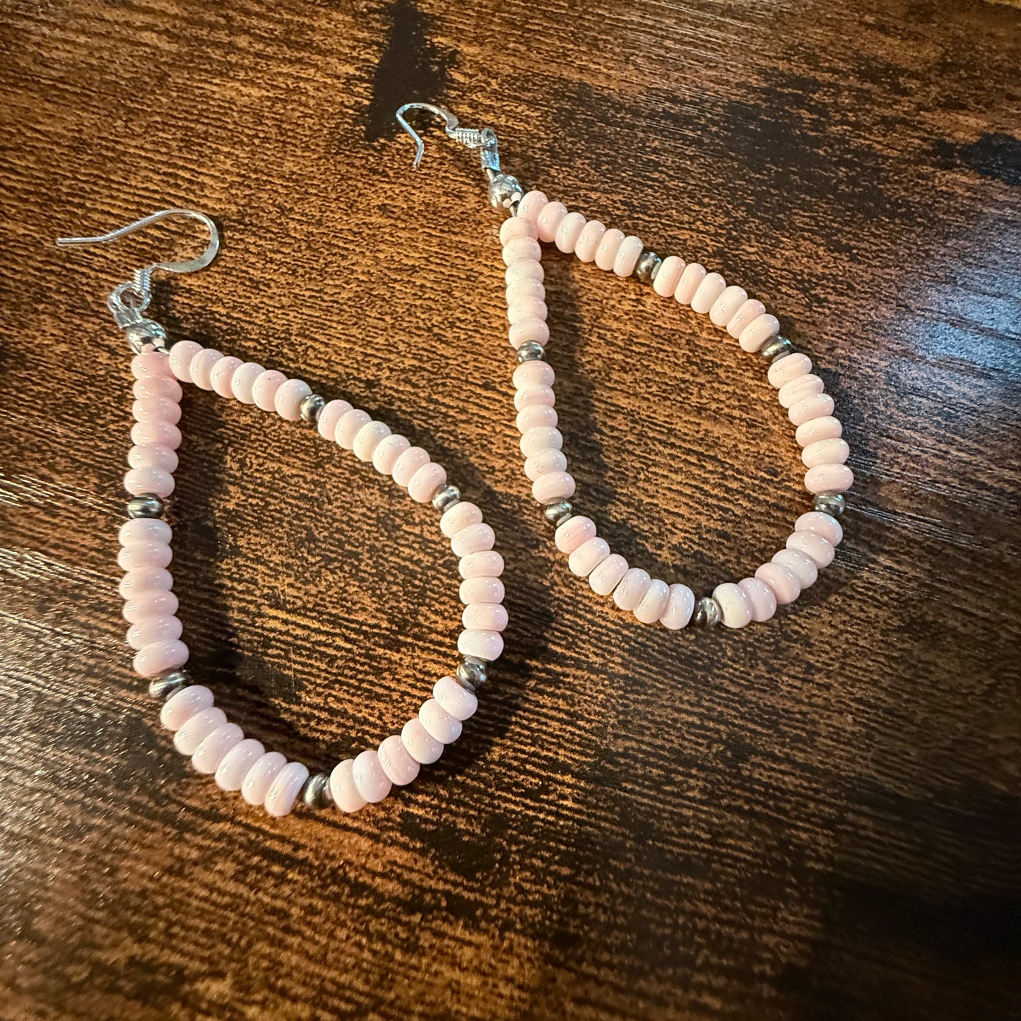 Pink Queen Conch Rondell Beads and Sterling Silver Beads Hoop Drop Earrings Wild West Boho