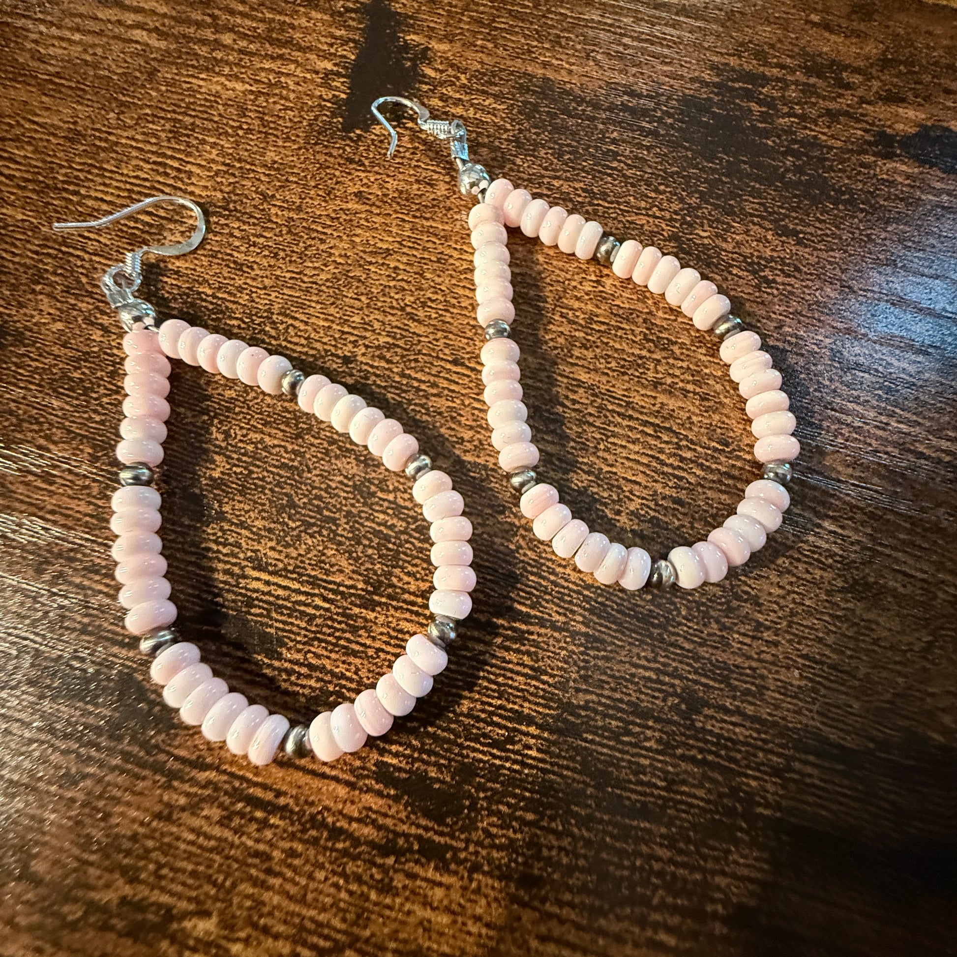 Pink Queen Conch Rondell Beads and Sterling Silver Beads Hoop Drop Earrings Wild West Boho