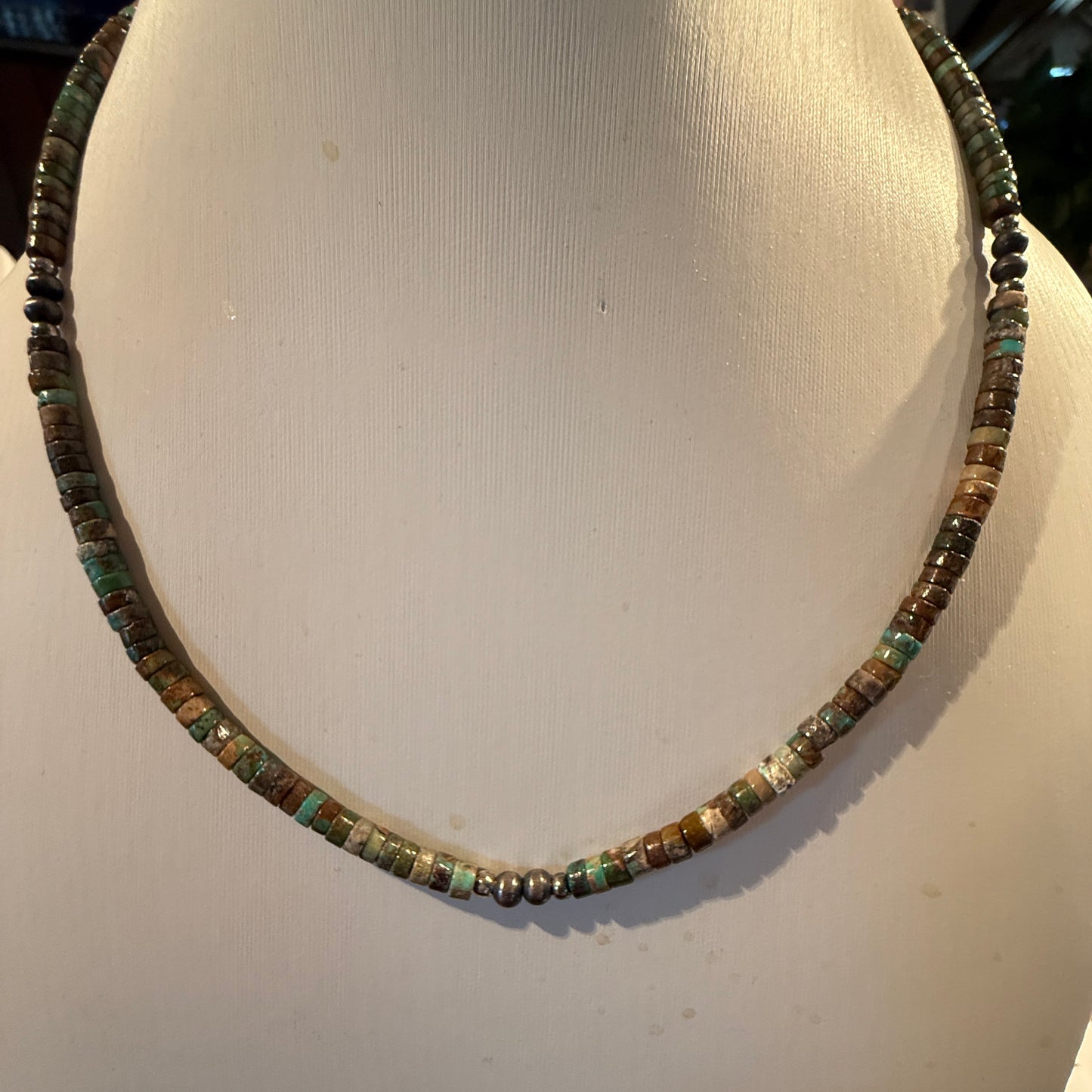 Navajo Style Earth-Tone Beaded Necklace with 2mm Sterling Silver Beads 18 Inches Wild West Boho