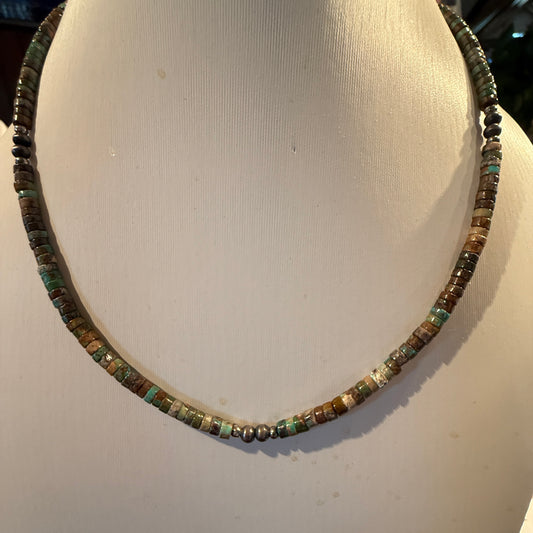 Navajo Style Earth-Tone Beaded Necklace with 2mm Sterling Silver Beads 18 Inches Wild West Boho