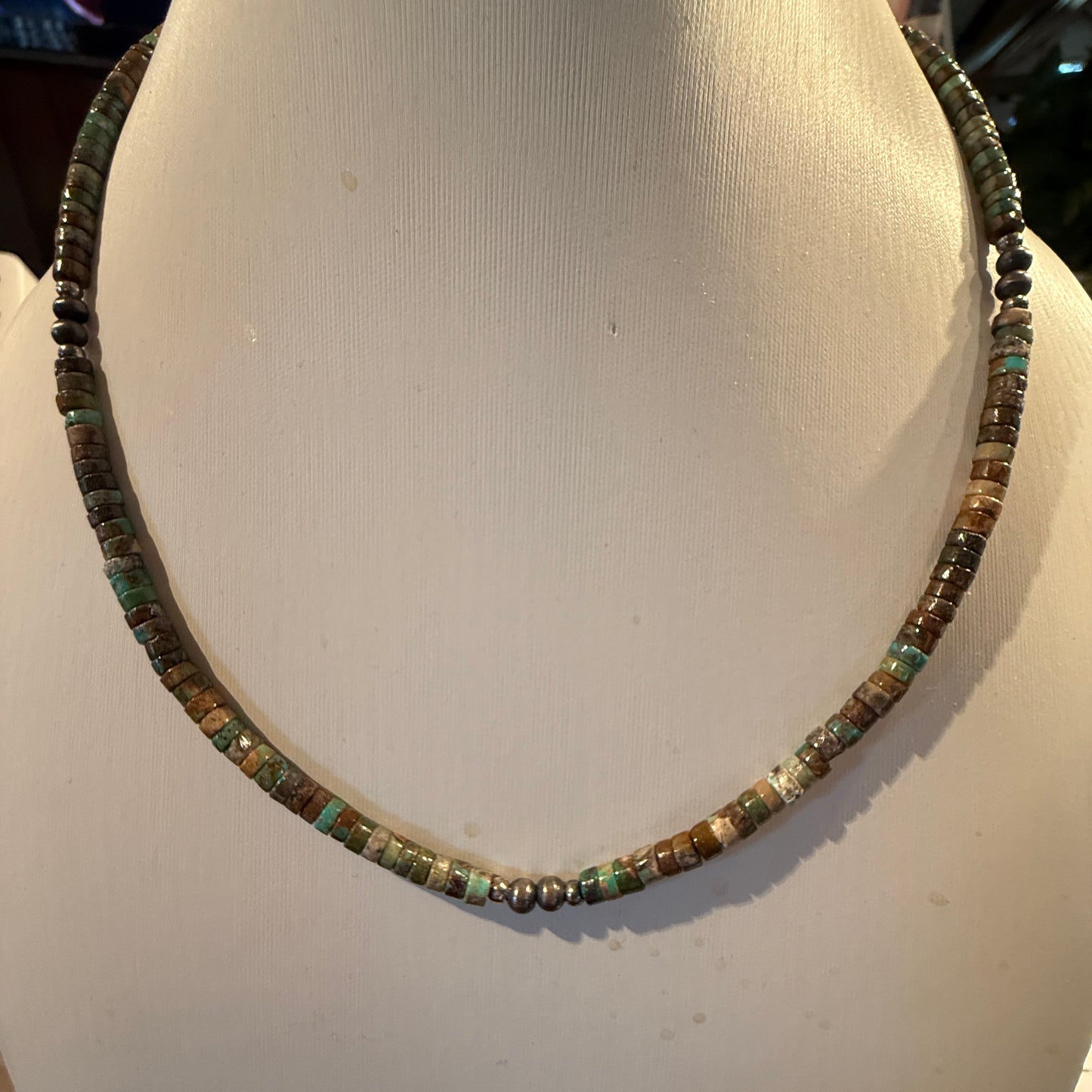 Navajo Style Earth-Tone Beaded Necklace with 2mm Sterling Silver Beads 18 Inches Wild West Boho