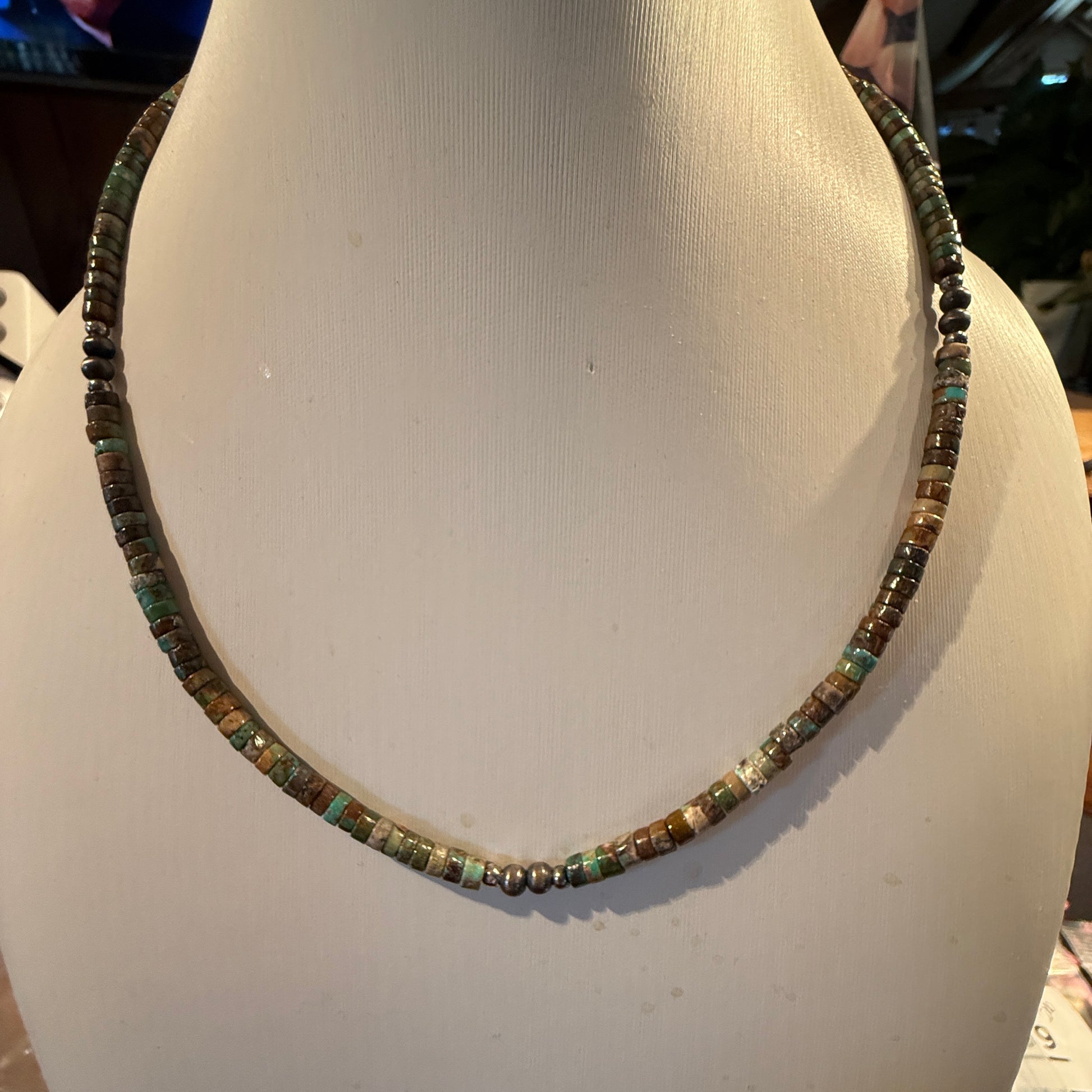 Navajo Style Earth-Tone Beaded Necklace with 2mm Sterling Silver Beads 18 Inches Wild West Boho