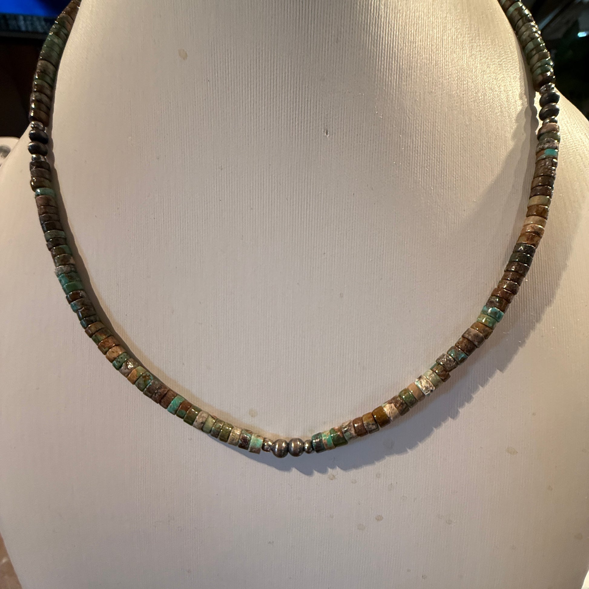 Navajo Style Earth-Tone Beaded Necklace with 2mm Sterling Silver Beads 18 Inches Wild West Boho