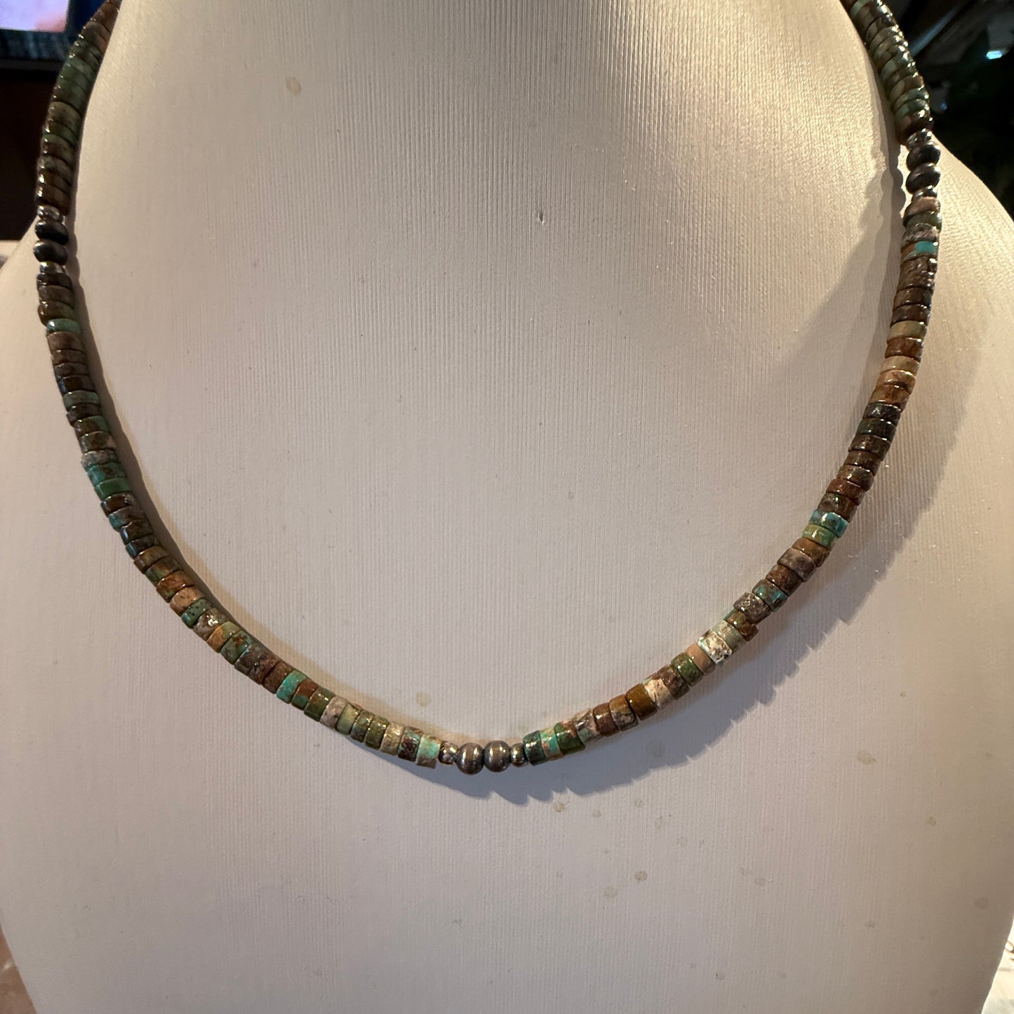 Navajo Style Earth-Tone Beaded Necklace with 2mm Sterling Silver Beads 18 Inches Wild West Boho