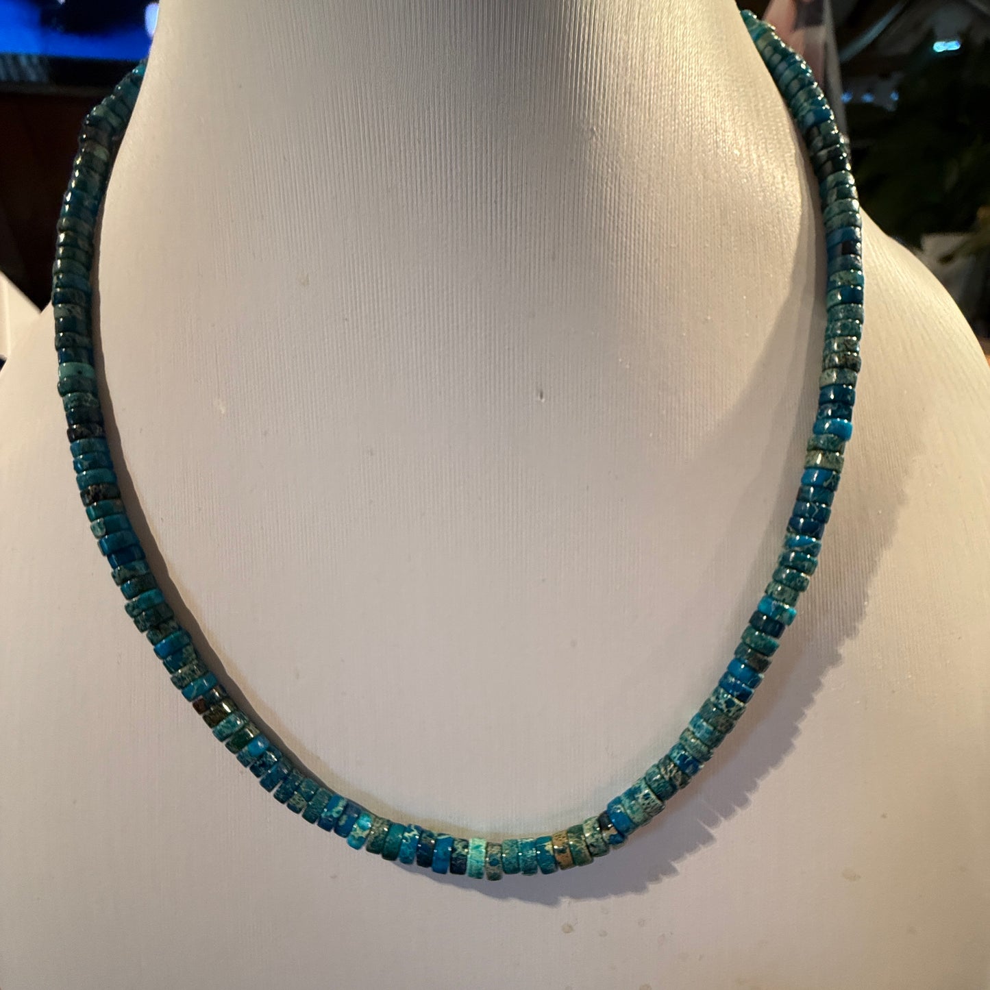 Kingman Turquoise Bead Necklace in Sterling Silver 18 Inches Wild West Boho