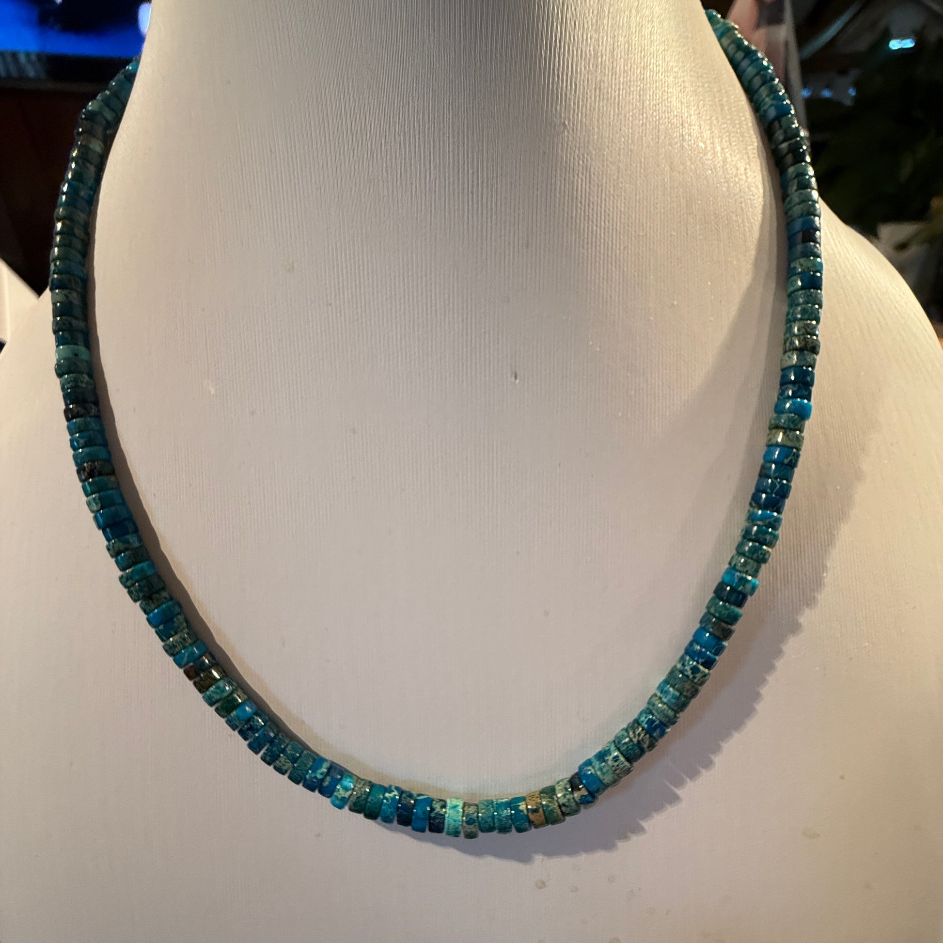 Kingman Turquoise Bead Necklace in Sterling Silver 18 Inches Wild West Boho