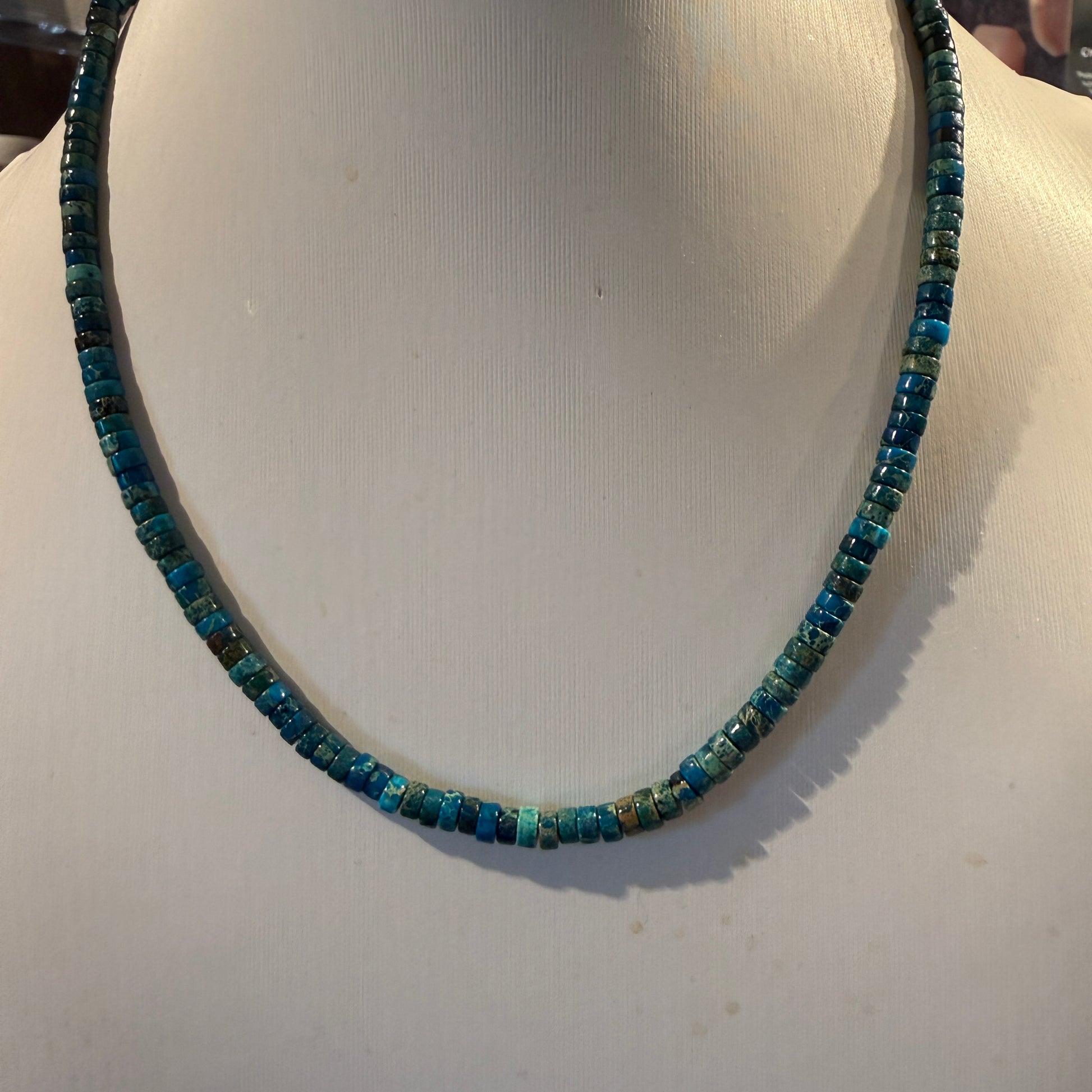Kingman Turquoise Bead Necklace in Sterling Silver 18 Inches Wild West Boho