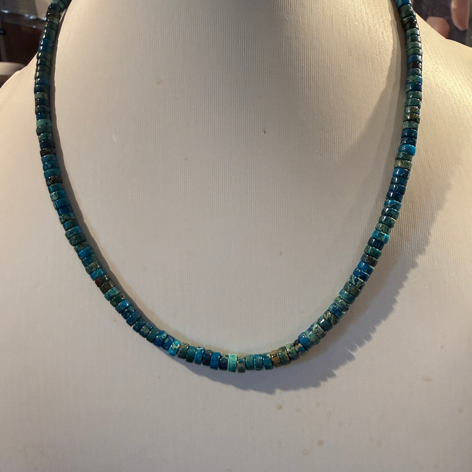 Kingman Turquoise Bead Necklace in Sterling Silver 18 Inches Wild West Boho