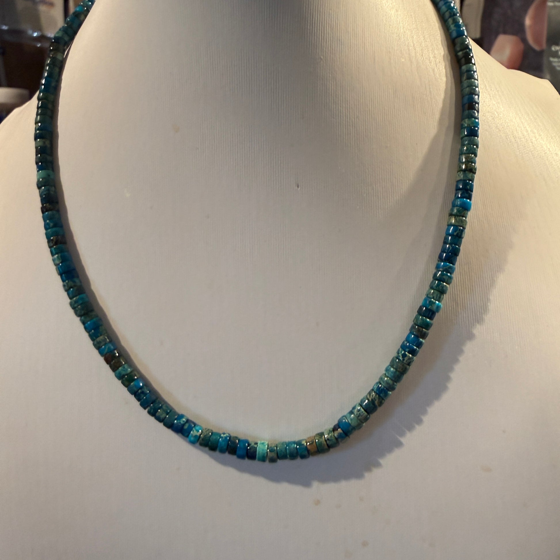 Kingman Turquoise Bead Necklace in Sterling Silver 18 Inches Wild West Boho
