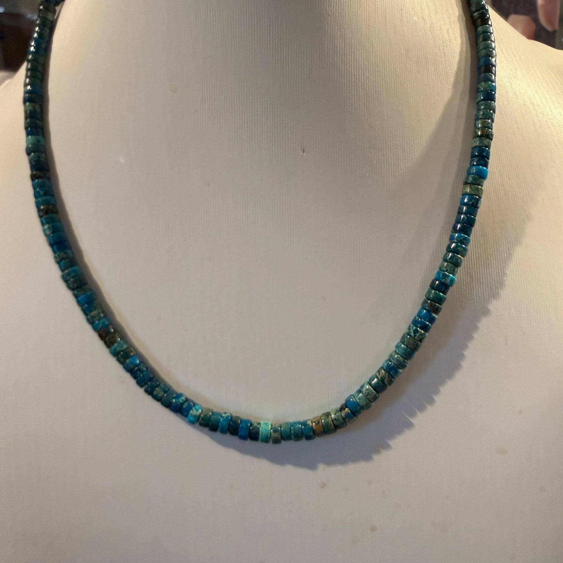 Kingman Turquoise Bead Necklace in Sterling Silver 18 Inches Wild West Boho