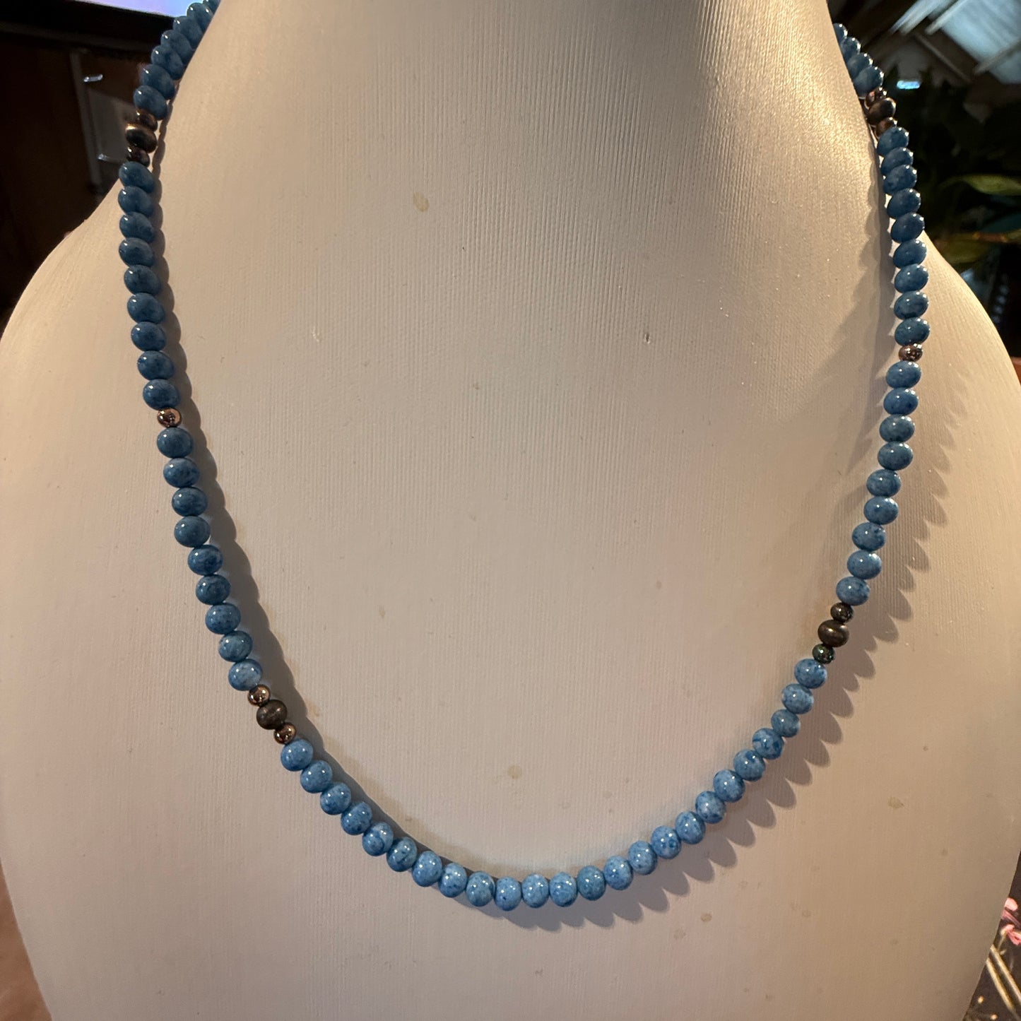 Turquoise Bead Necklace With Copper and Sterling Silver Pearls, 18 Inch Wild West Boho