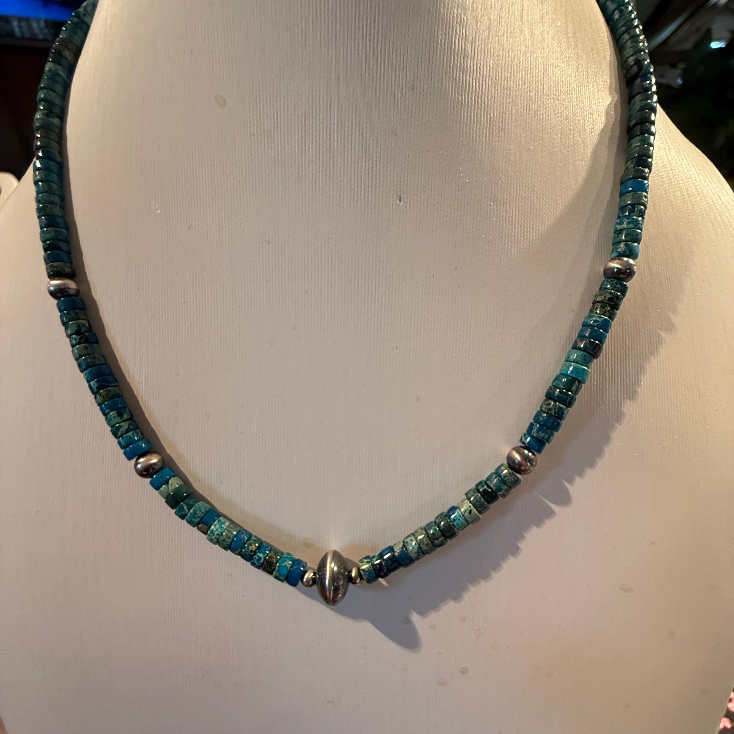 Kingman Turquoise Bead Necklace with Sterling Silver Beads, 18 Inch Wild West Boho