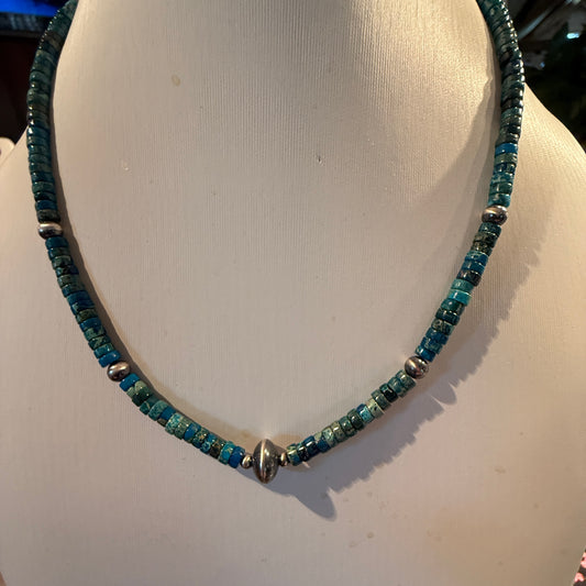 Kingman Turquoise Bead Necklace with Sterling Silver Beads, 18 Inch Wild West Boho