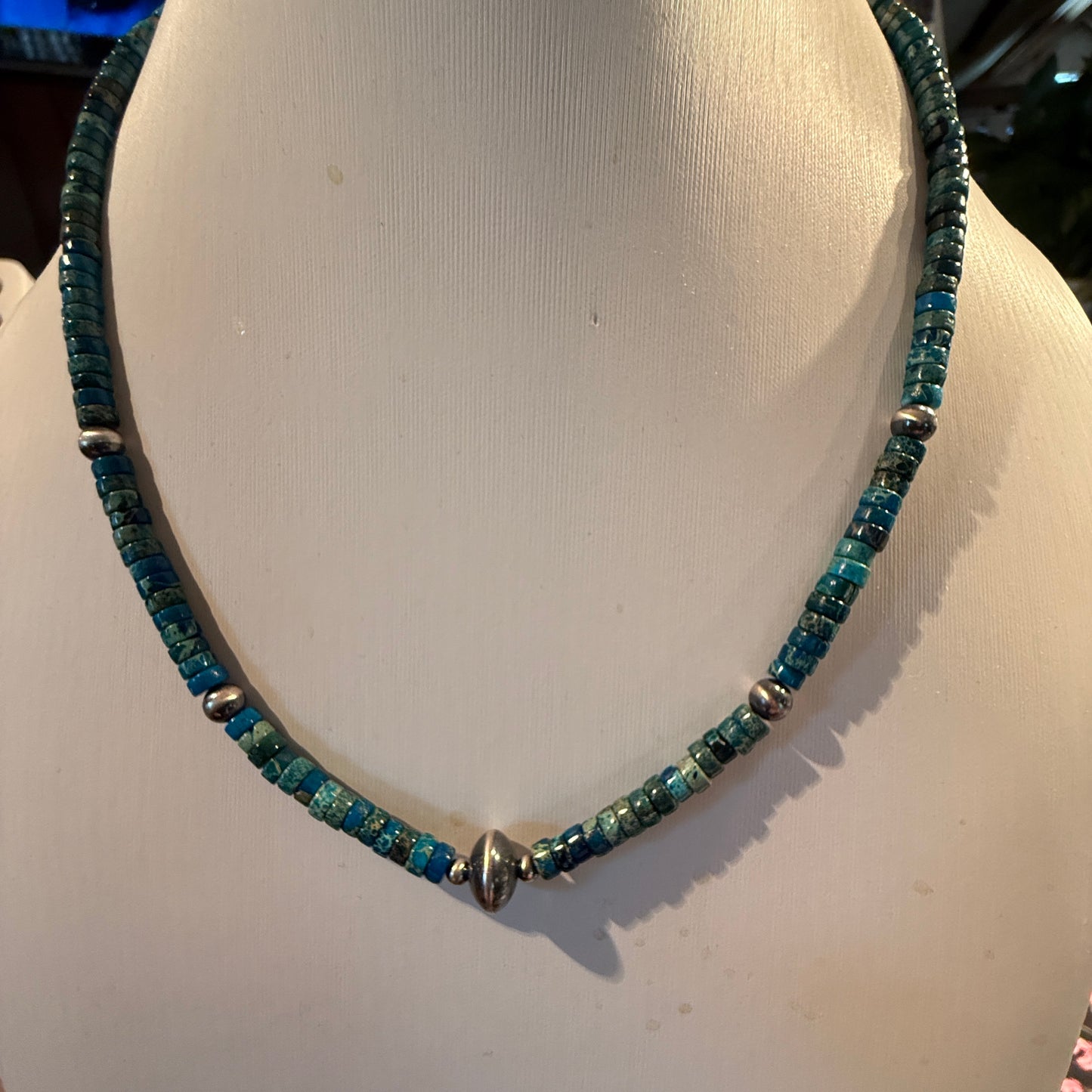 Kingman Turquoise Bead Necklace with Sterling Silver Beads, 18 Inch Wild West Boho