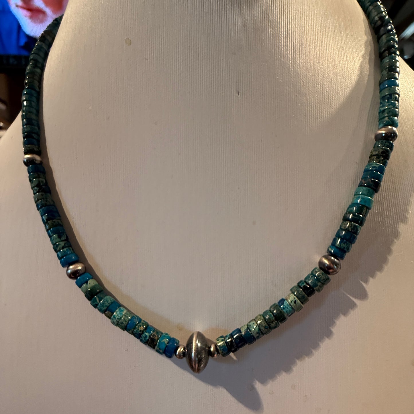 Kingman Turquoise Bead Necklace with Sterling Silver Beads, 18 Inch Wild West Boho